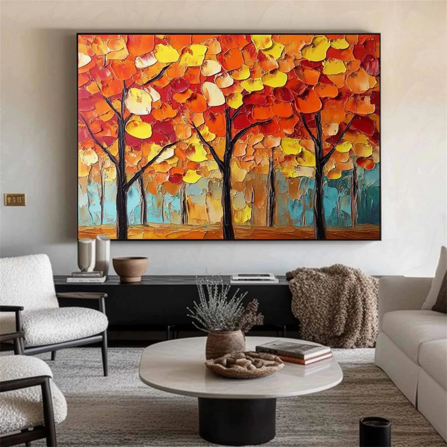 Vibrant Autumn Forest Hand-Painted Oil Art | Large Textured Trees #JJ 324
