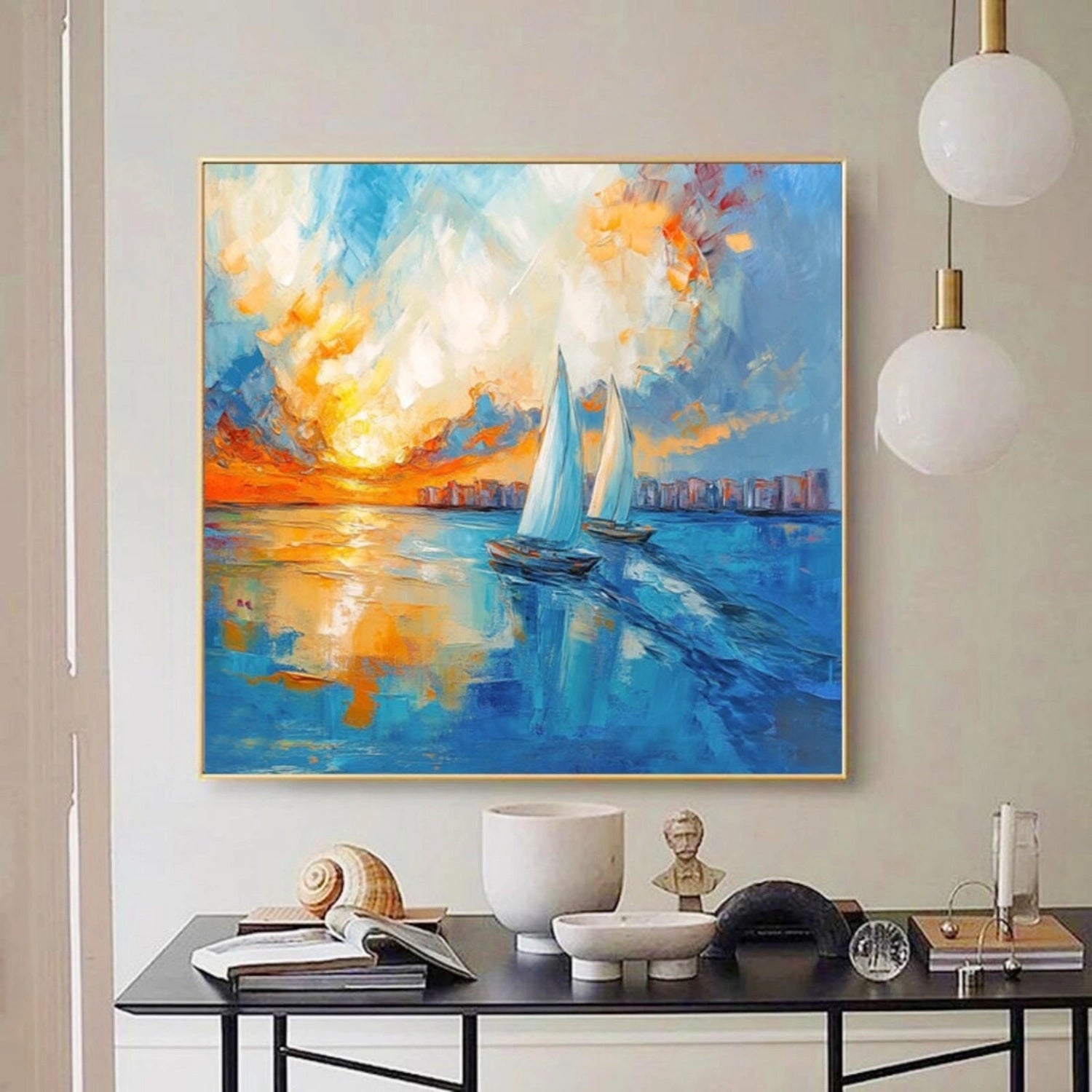 Square Sunset Seascape Sailboats City Abstract Oil Painting - Modern Art Decor