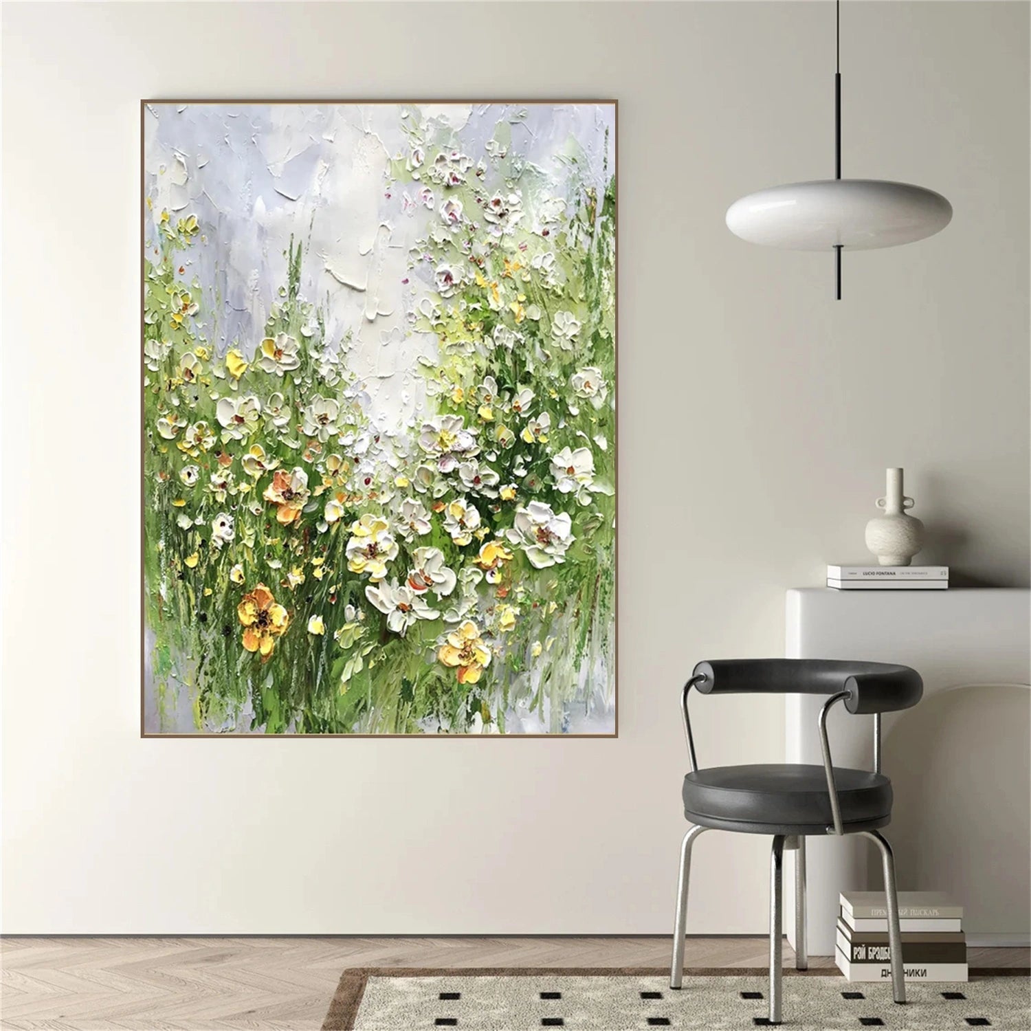 Abstract Green & White Botanical | Hand-Painted Flower Oil Art