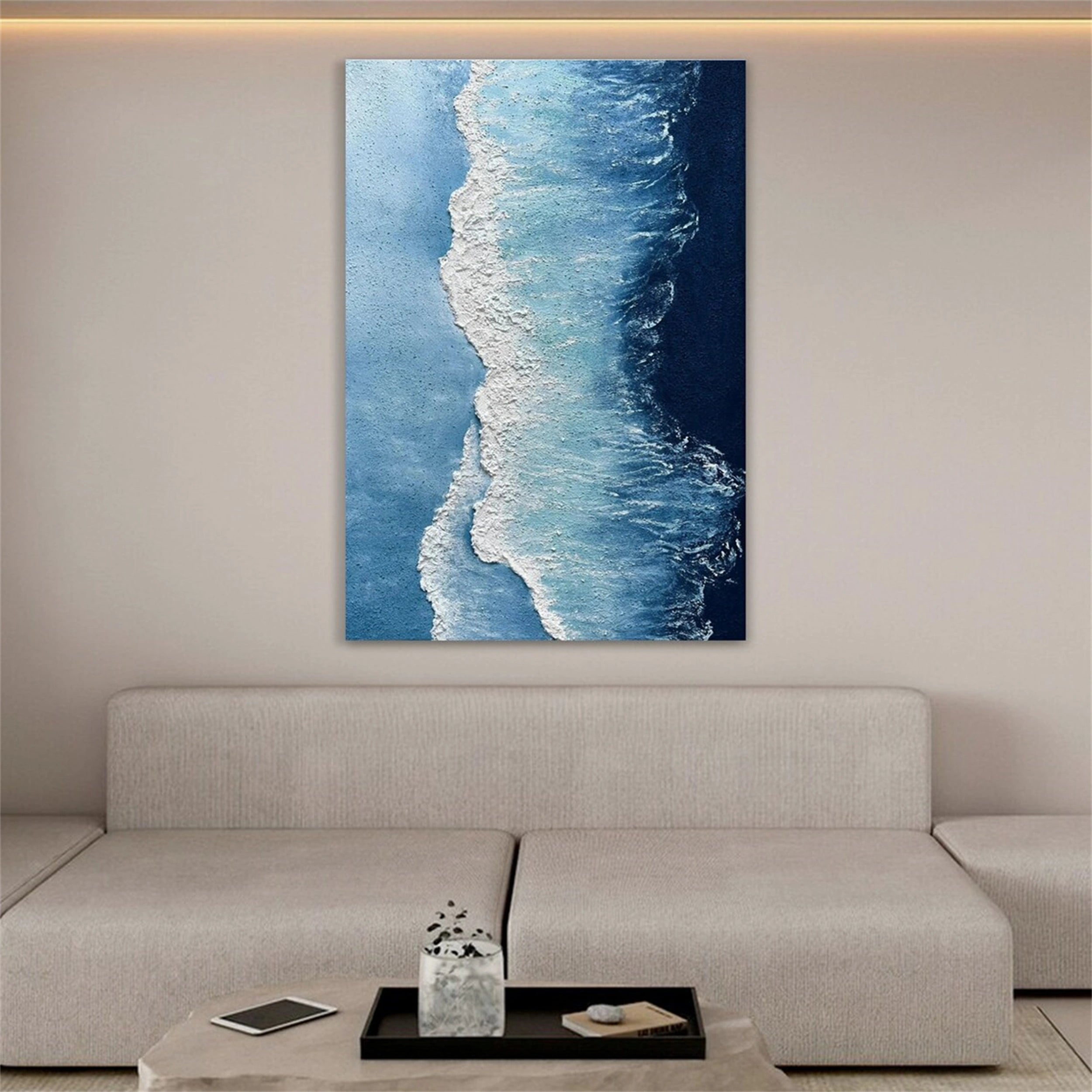 Textured Ocean Wave Wall Art | Vertical Blue Abstract Canvas #ZZ 066