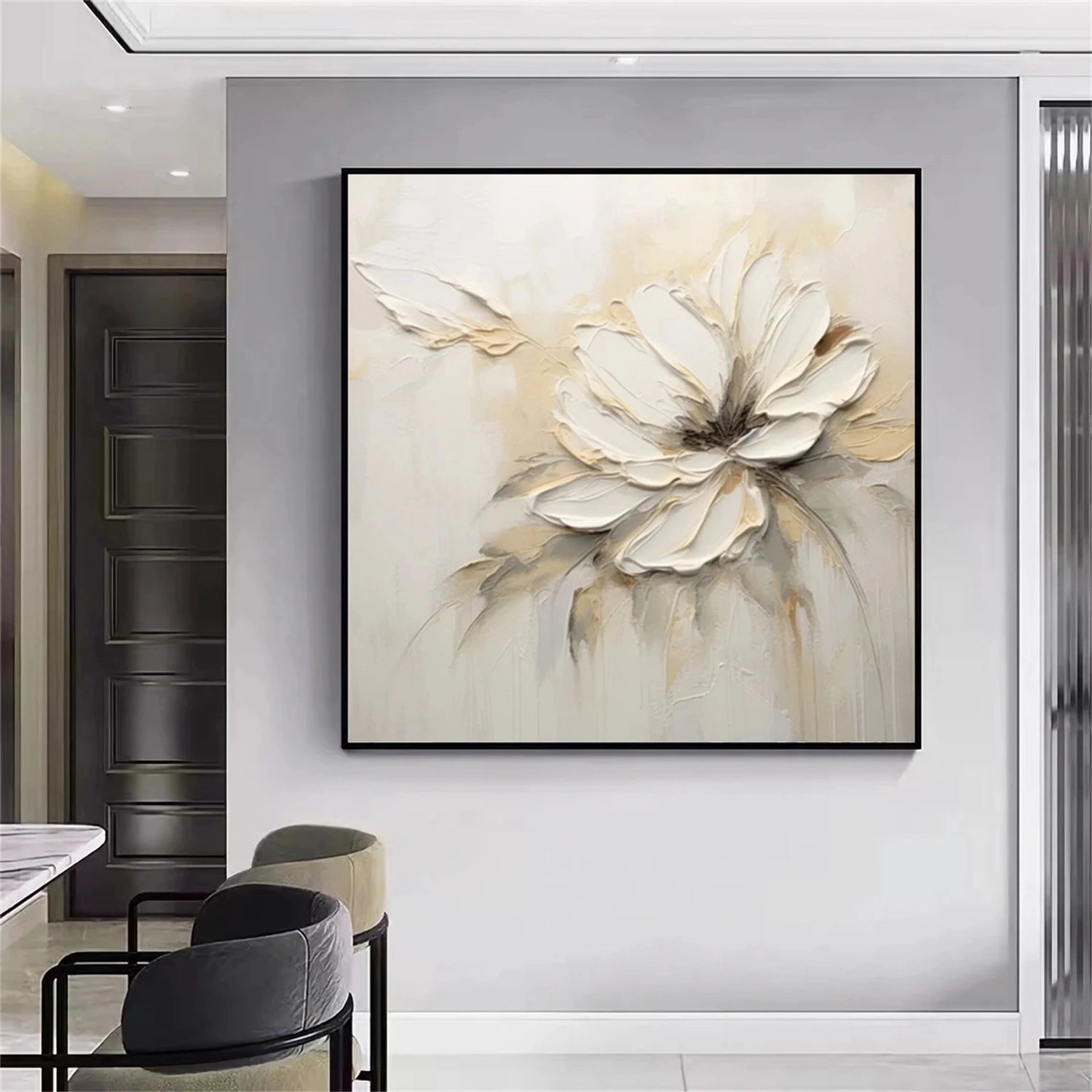 Textured Floral Painting | Neutral White 3D Flower Wall Art Canvas #JJ 346