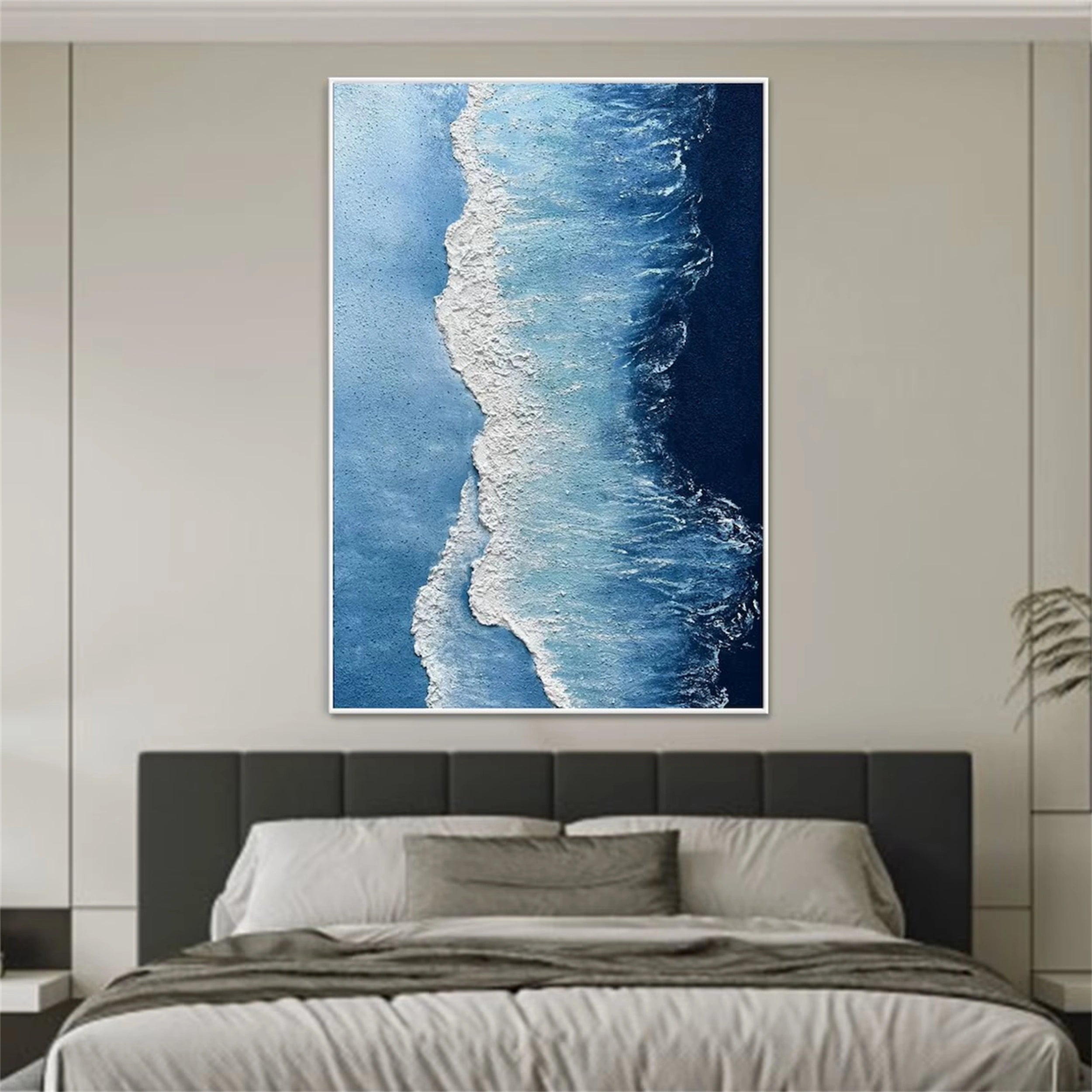 Textured Ocean Wave Wall Art | Vertical Blue Abstract Canvas #ZZ 066