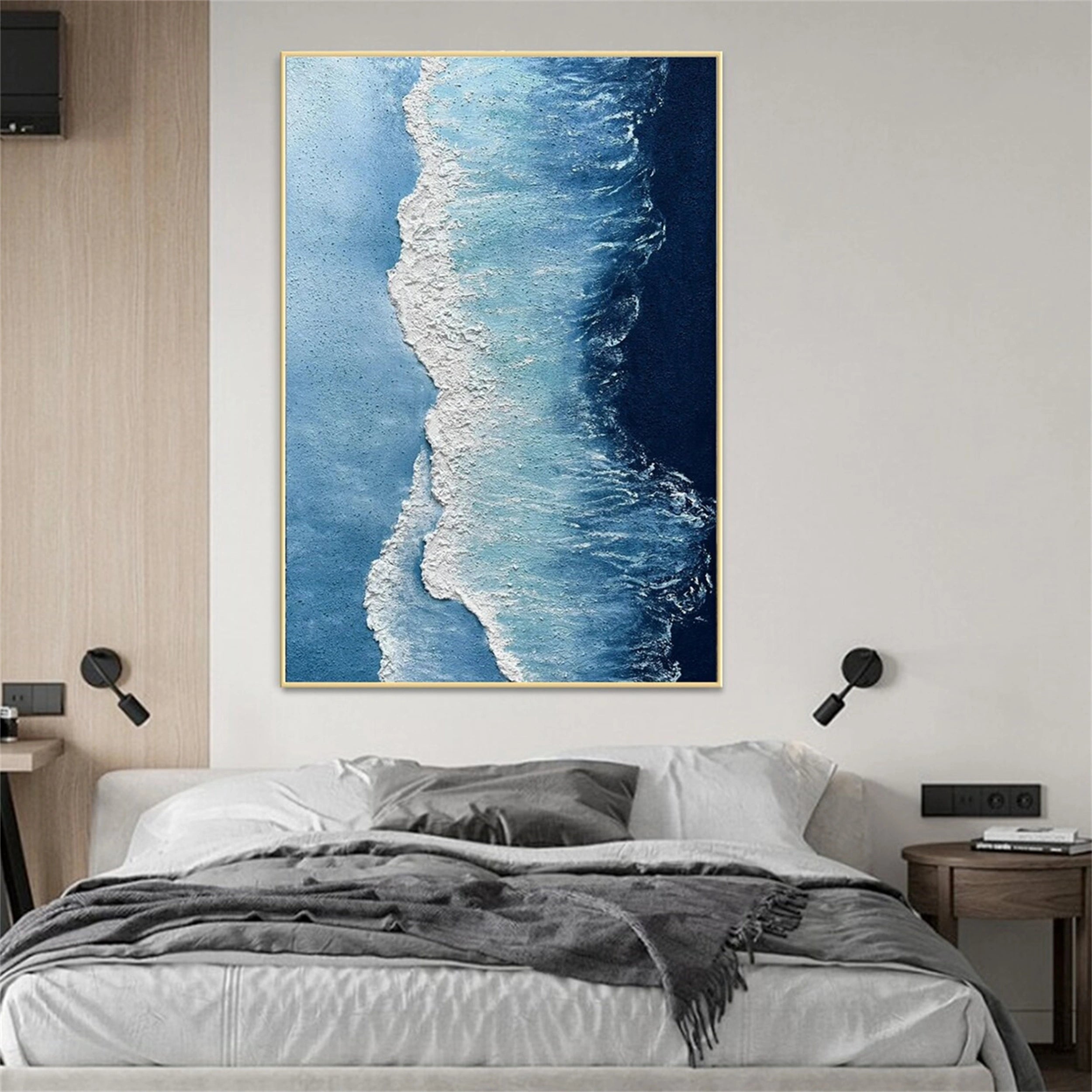 Large Abstract Wave Art | Vertical Textured Ocean Painting Blue