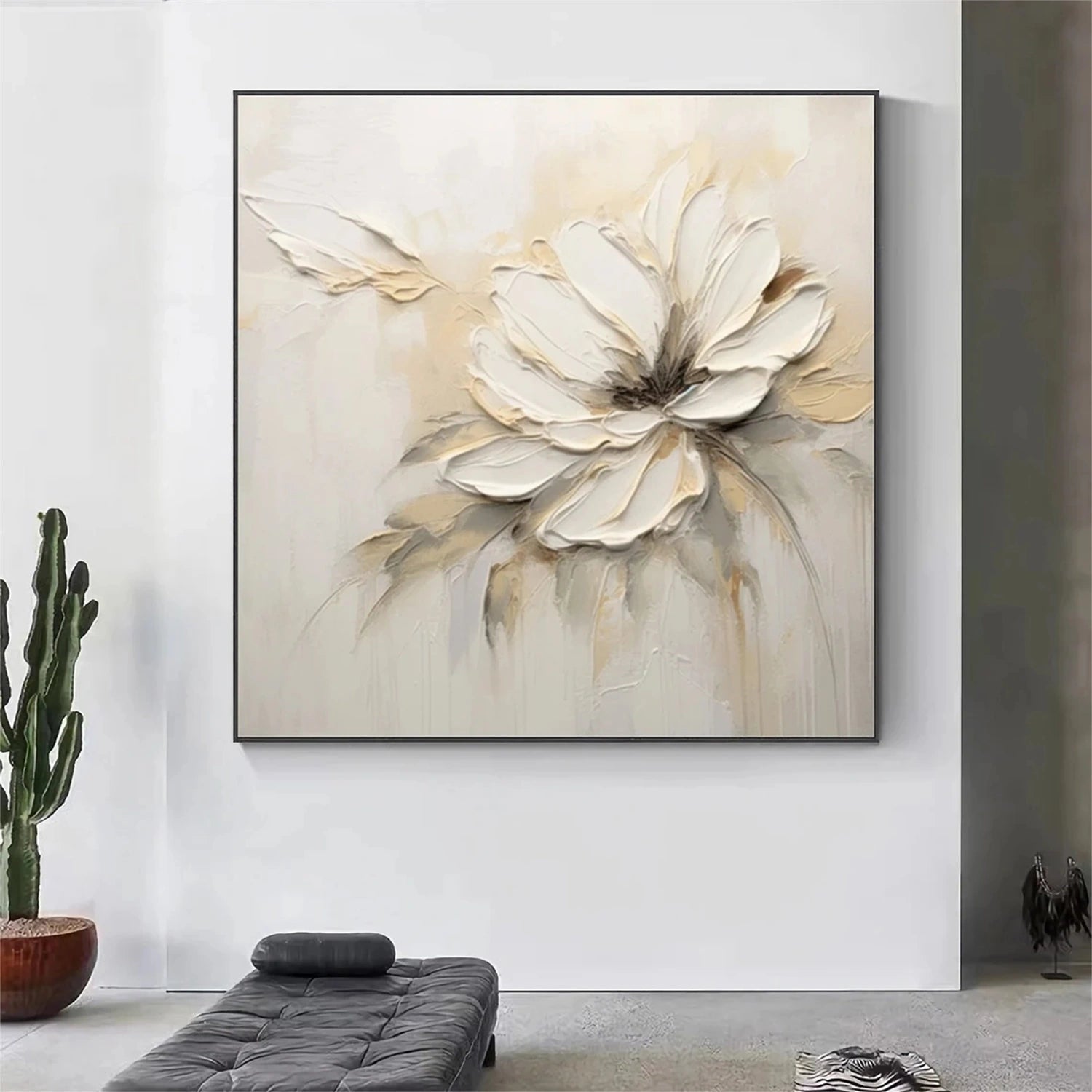 Textured Floral Painting | Neutral White 3D Flower Wall Art Canvas #JJ 346