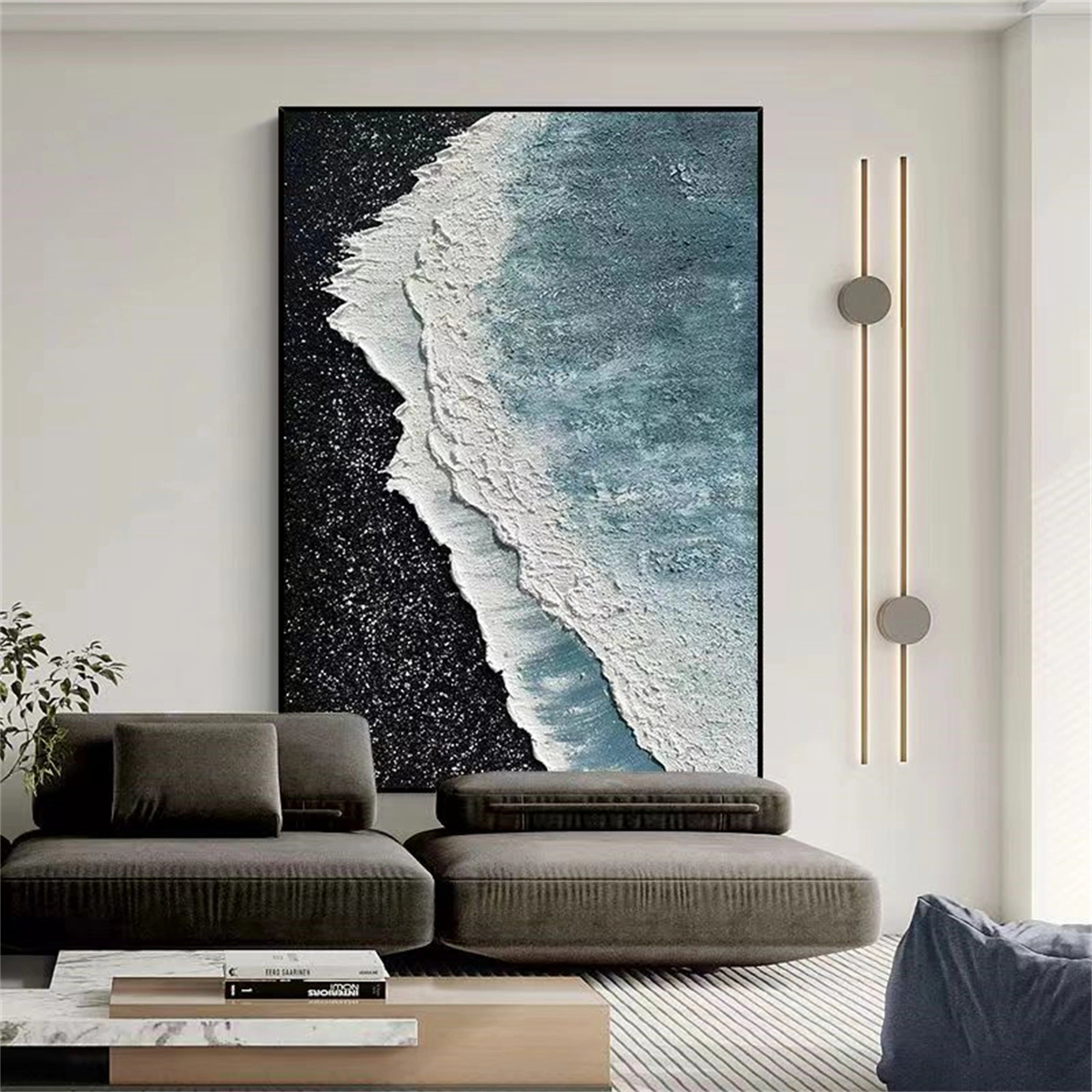 Large Vertical Abstract Wall Art | Textured Black & White Wave Decor