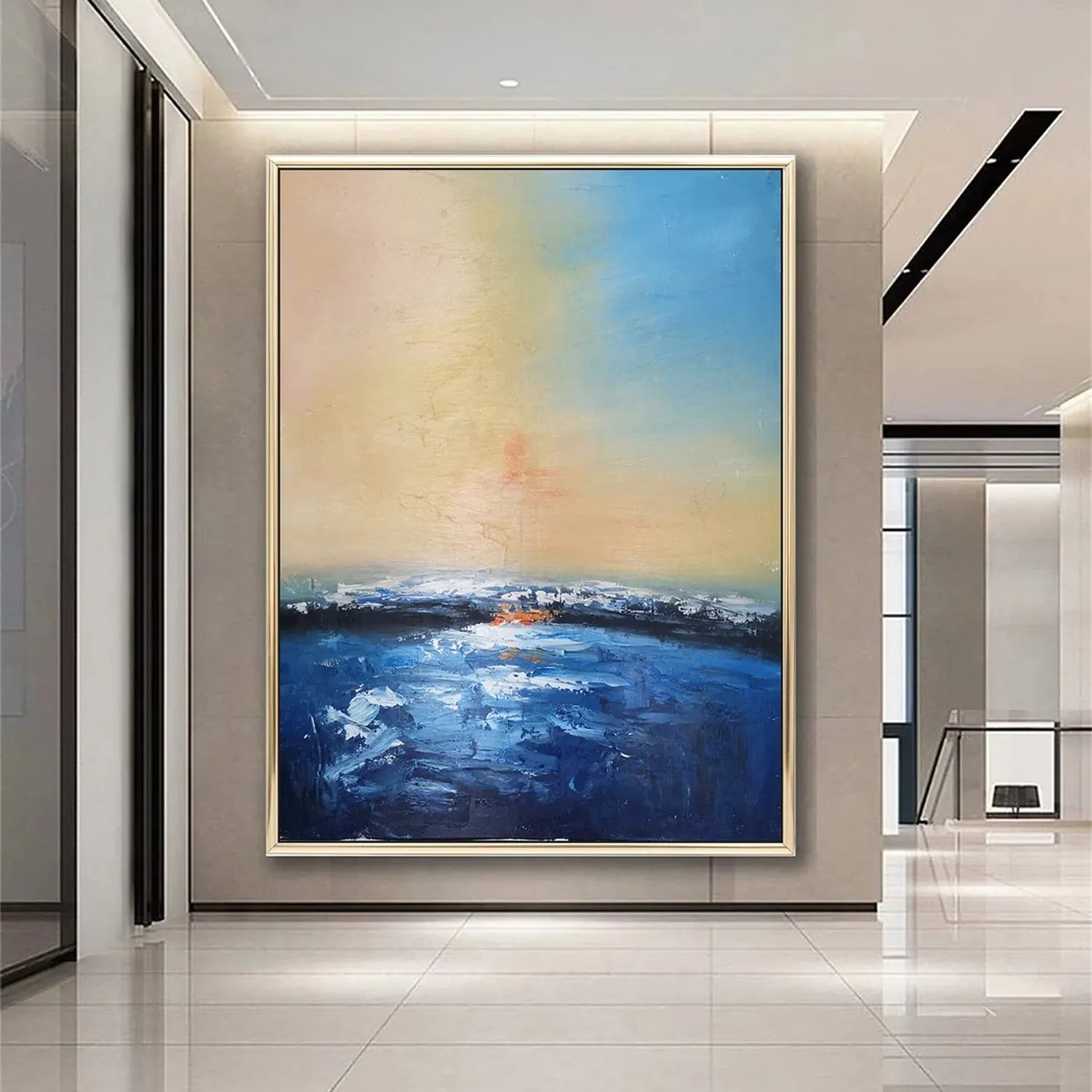 Soft Blue Beige Pink Abstract Seascape Art - Modern Serene Decor # JJ 126