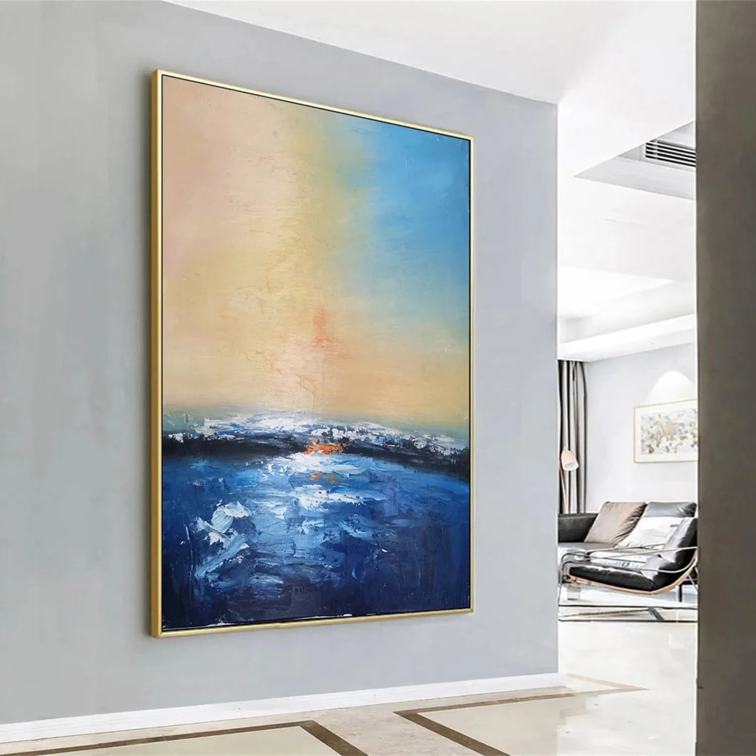 Soft Blue Beige Pink Abstract Seascape Art - Modern Serene Decor # JJ 126