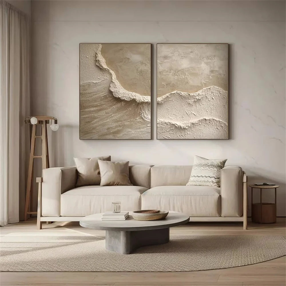Textured Abstract Wave Oil Painting | Large Beige Wall Art Set of 2 #ZZ 010