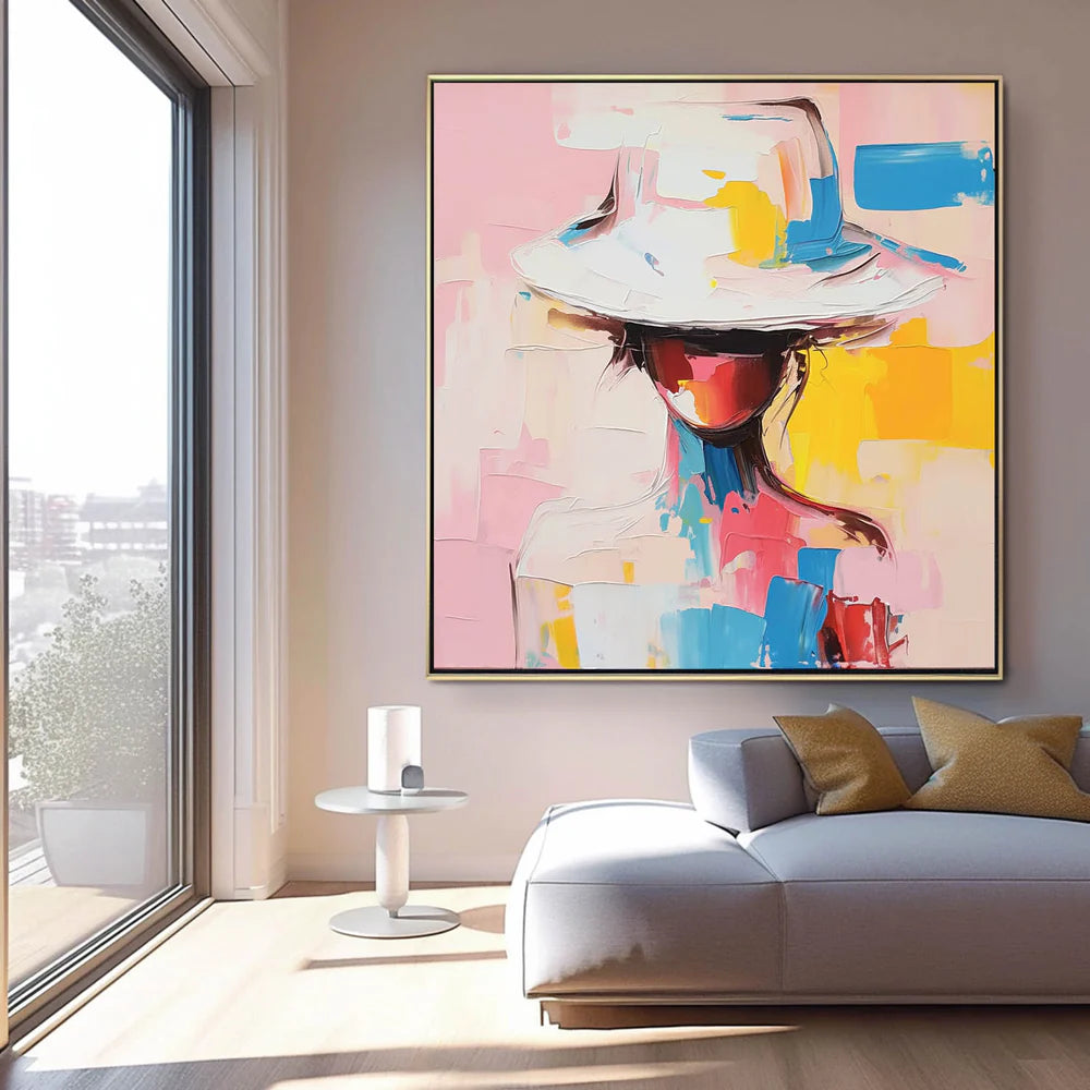 Modern Abstract Woman Oil Painting - Figure Art with Hat #JJ 048
