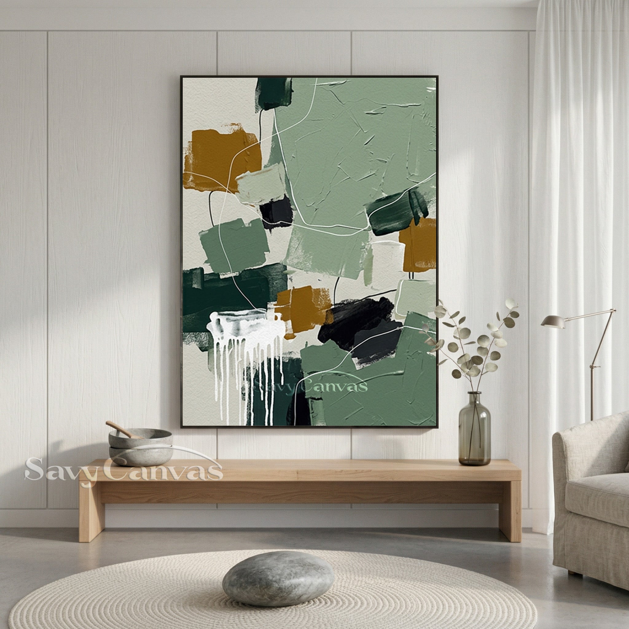 Modern Abstract Sage Green & Ochre Oil Painting Wall Art #SS 138