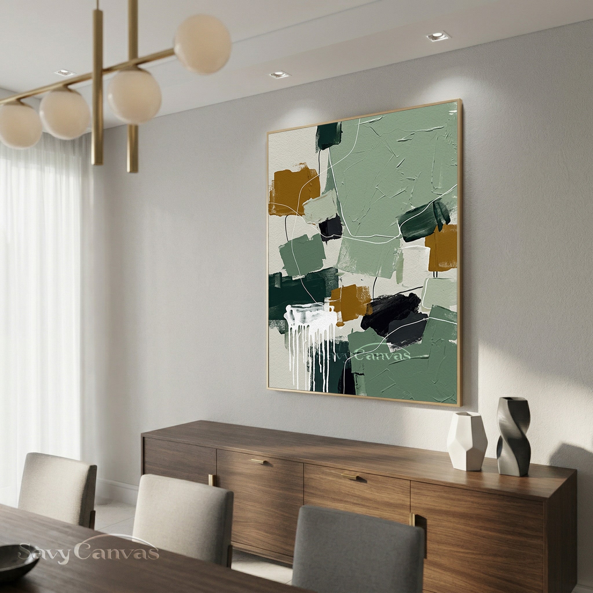 Modern Abstract Sage Green & Ochre Oil Painting Wall Art #SS 138