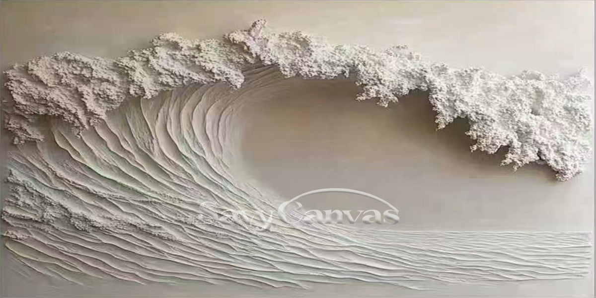 Large White Wave Textured Painting - Zen Style Handmade Wall Decor