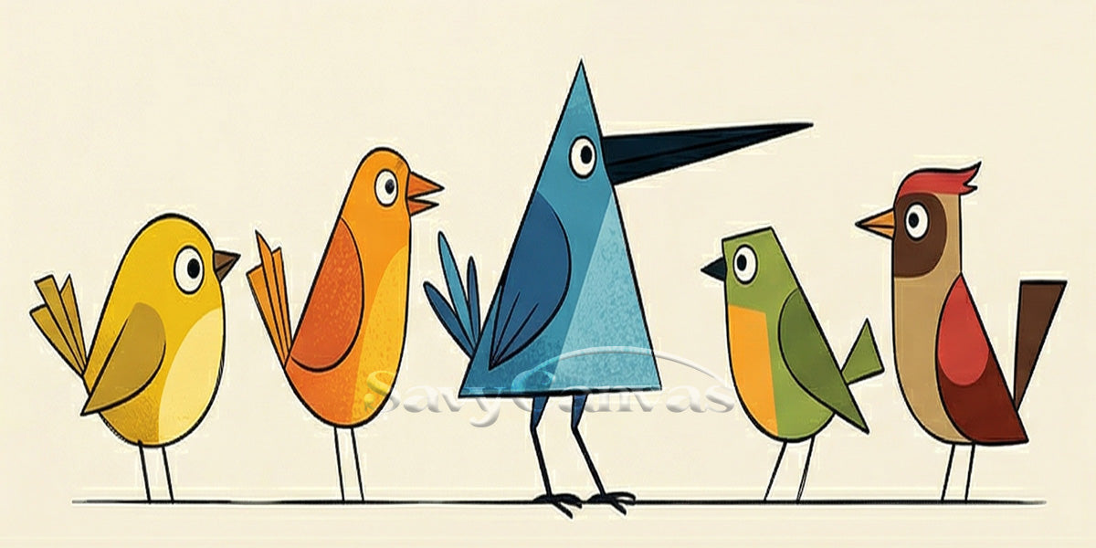 Playful Patterned Bird Oil Painting | Horizontal Living Room Art