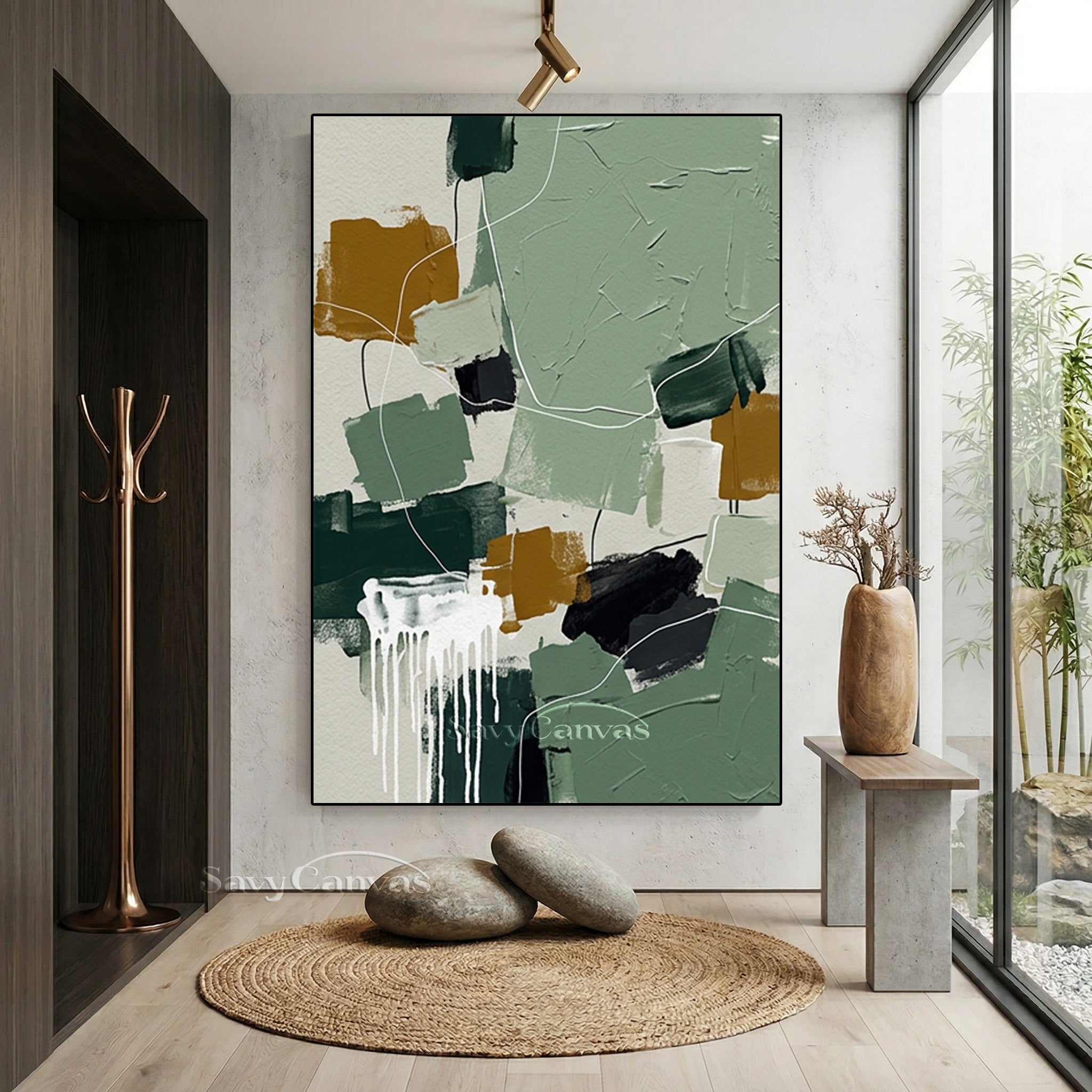 Modern Abstract Sage Green & Ochre Oil Painting Wall Art #SS 138