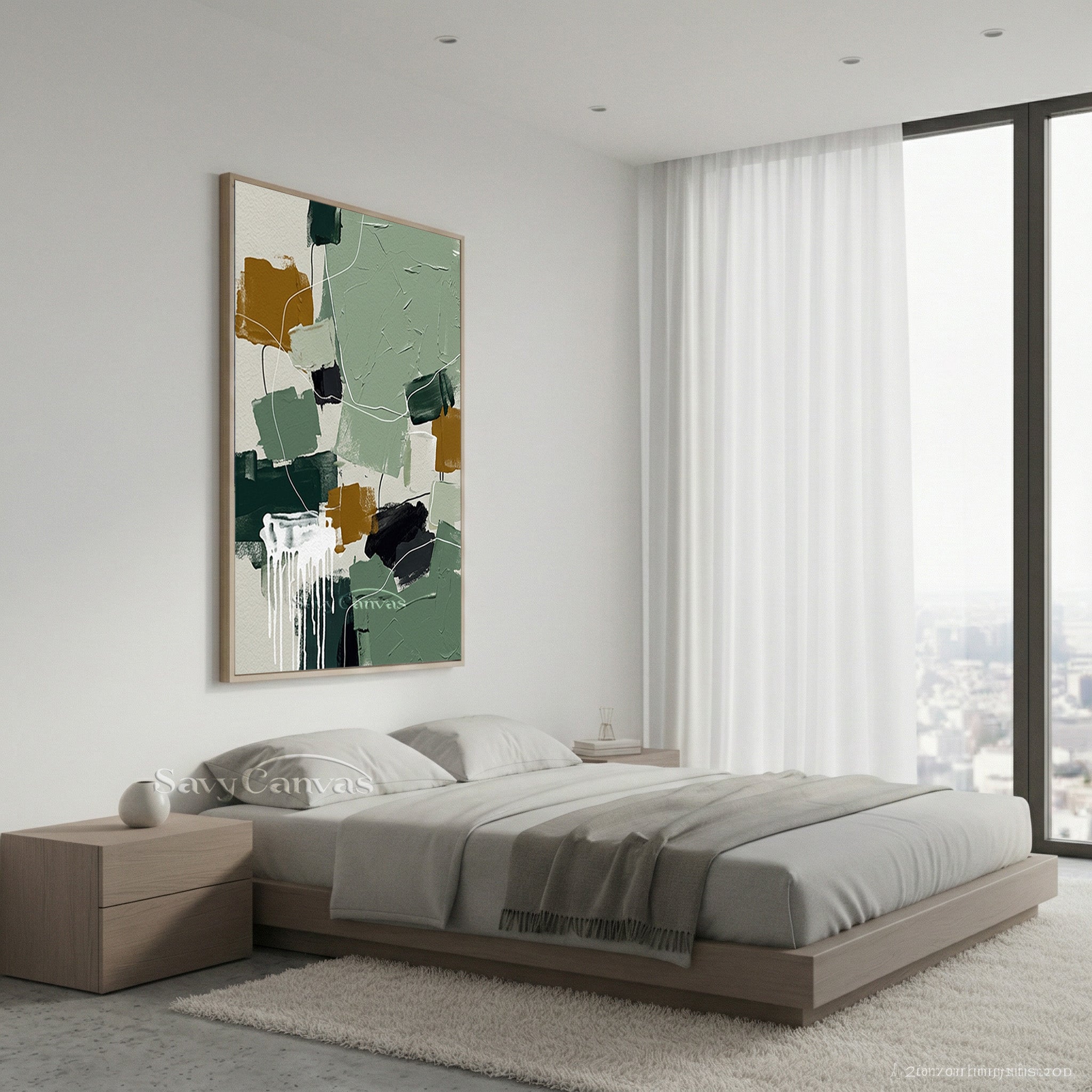 Modern Abstract Sage Green & Ochre Oil Painting Wall Art #SS 138