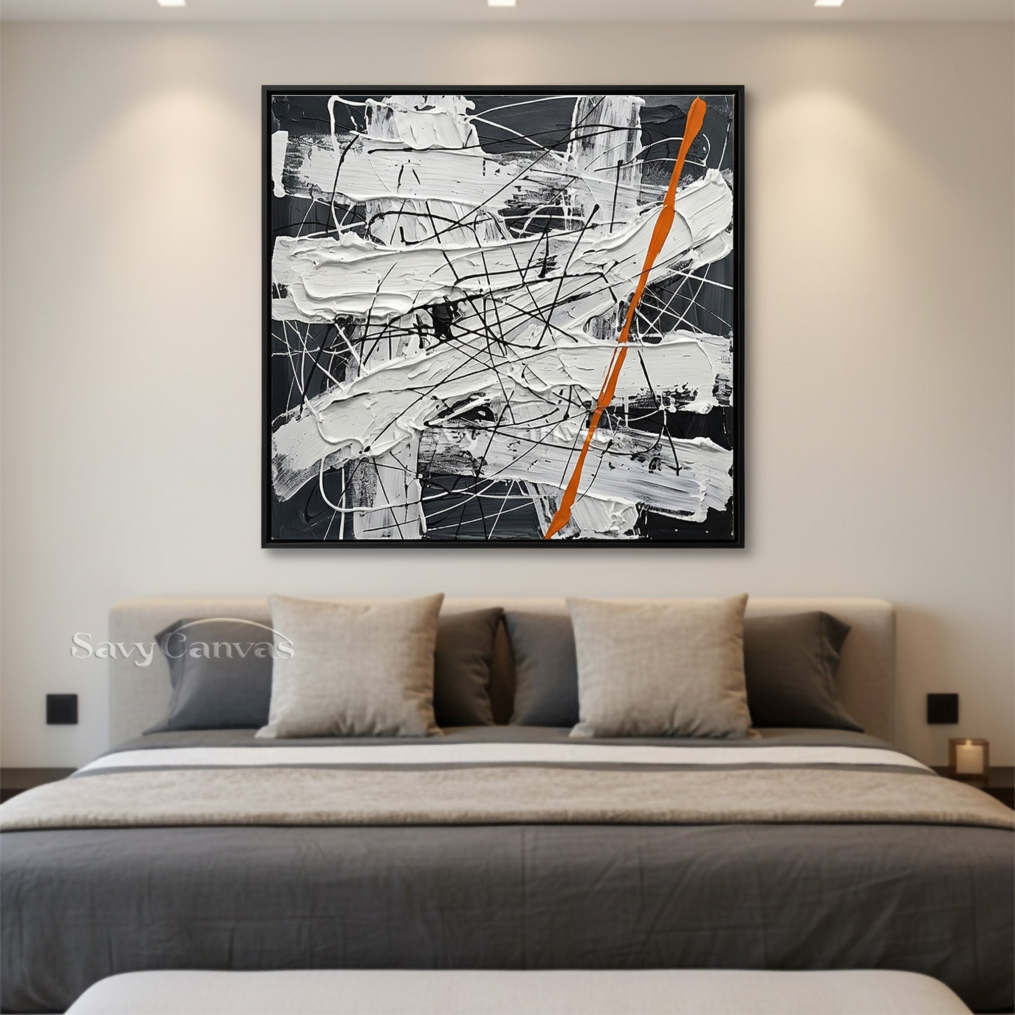 High-contrast black and white abstract canvas art with dynamic overlapping lines and splatters.