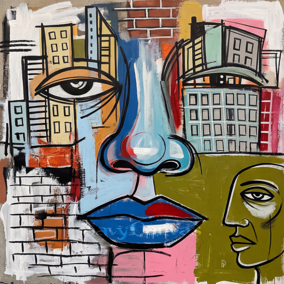 Abstract Urban Face Oil Painting - Modern Street Art Wall Deco #SS 052