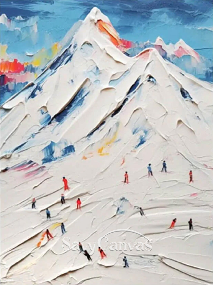 3D Impasto Skiing Oil Painting | Textured Snow Mountain Wall Art