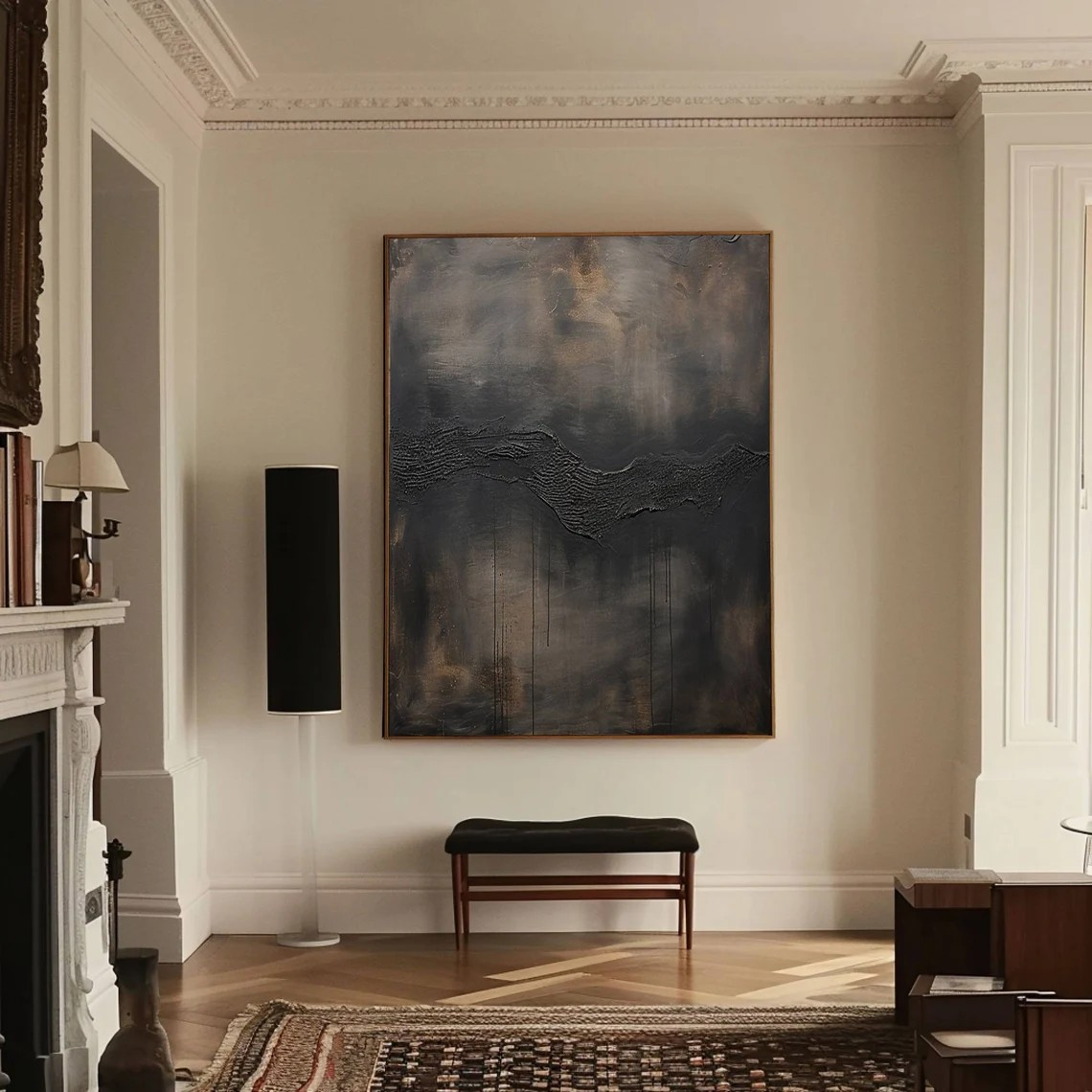 Large Abstract Black and Gray Oil Painting with Textured Flow Design #TC 016