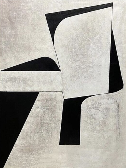 Modern Black and White Geometric Abstract Oil Painting - Minimalist Style