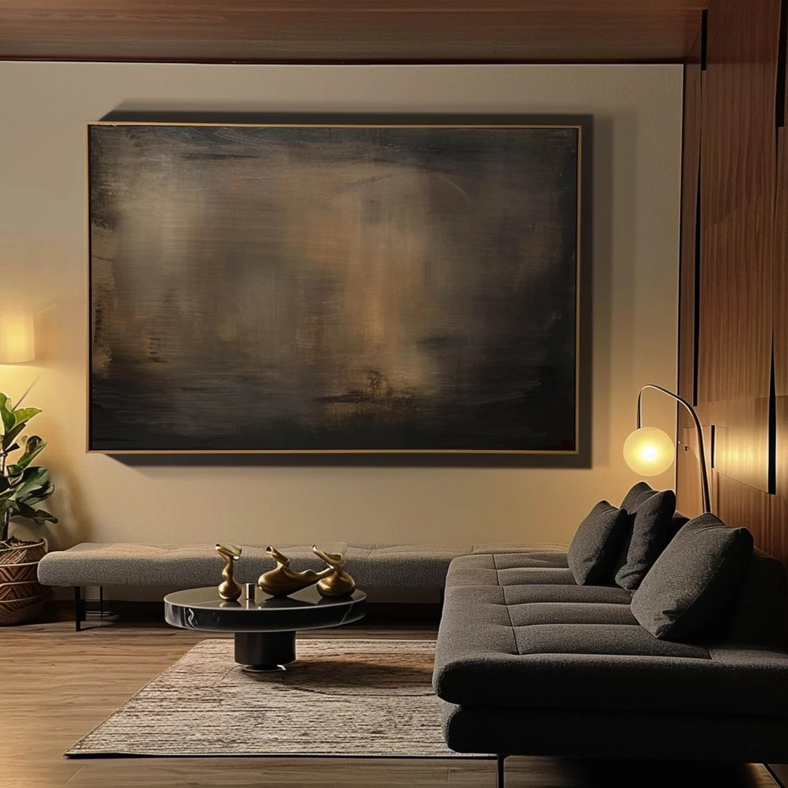 Large Minimalist Abstract Painting - Handmade Brown and Black Wall Decor  #TC 012