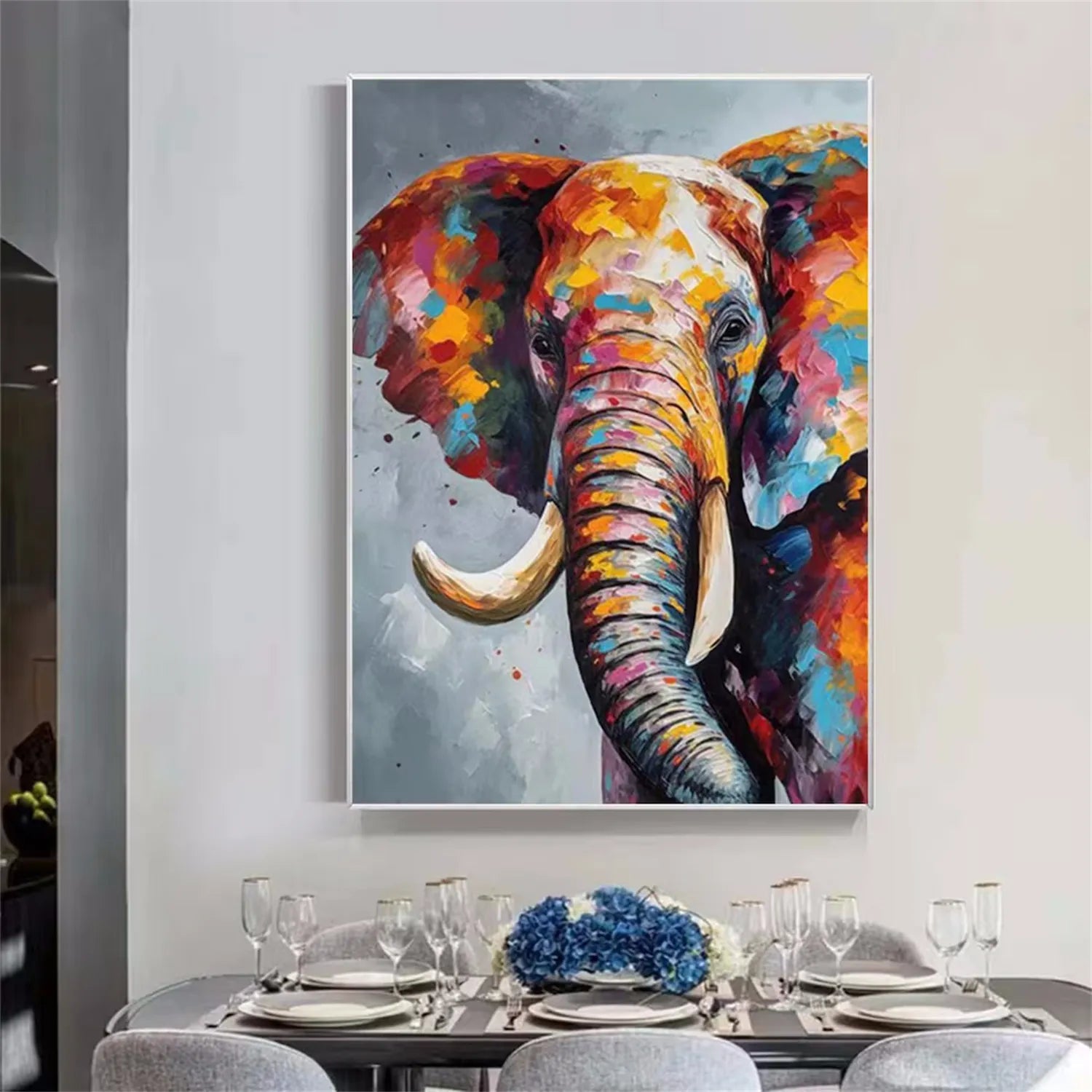 Large Abstract Elephant Painting | Colorful Vertical Wall Art Decor