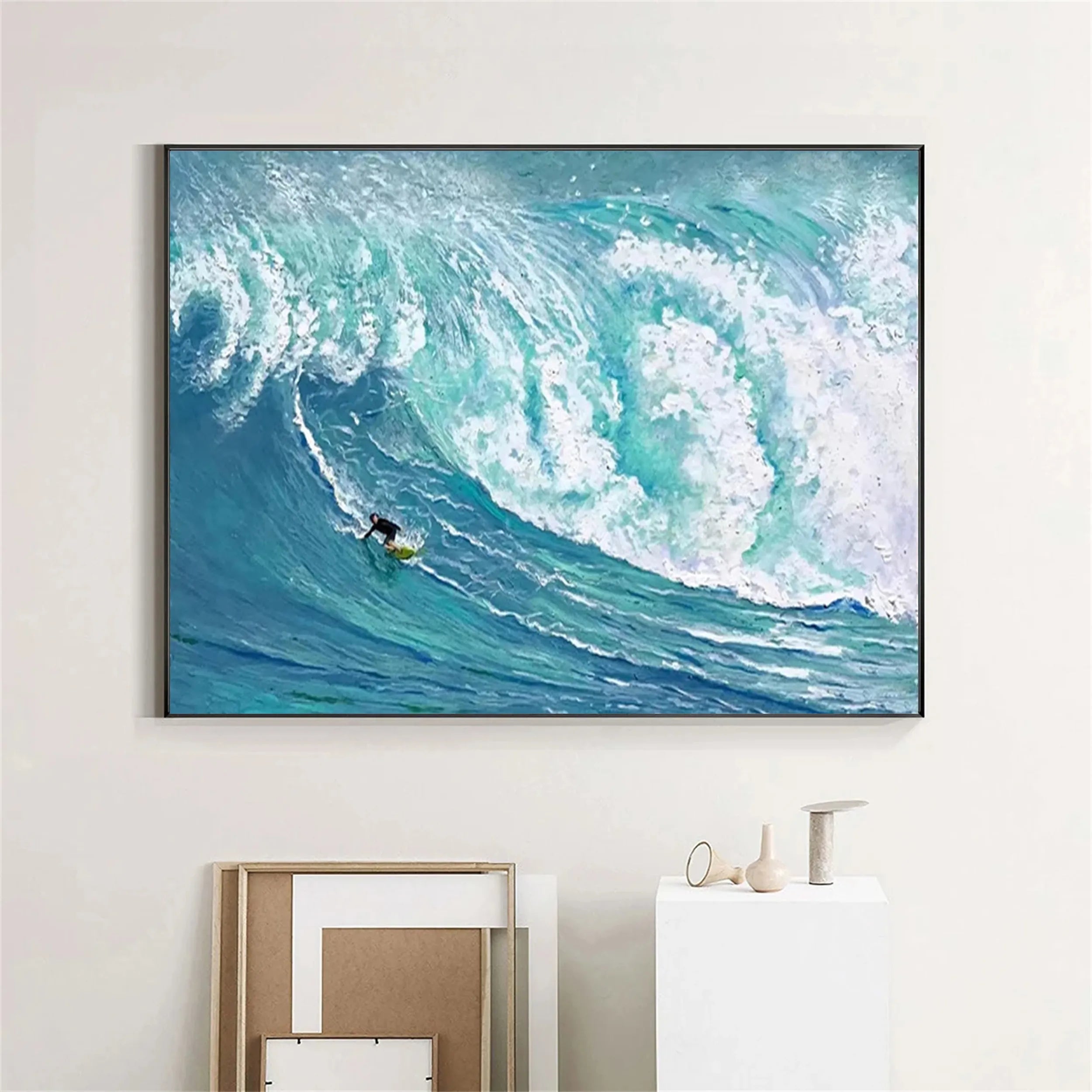 Refreshing Ocean Surfing Textured Art - Teal White Oil Painting