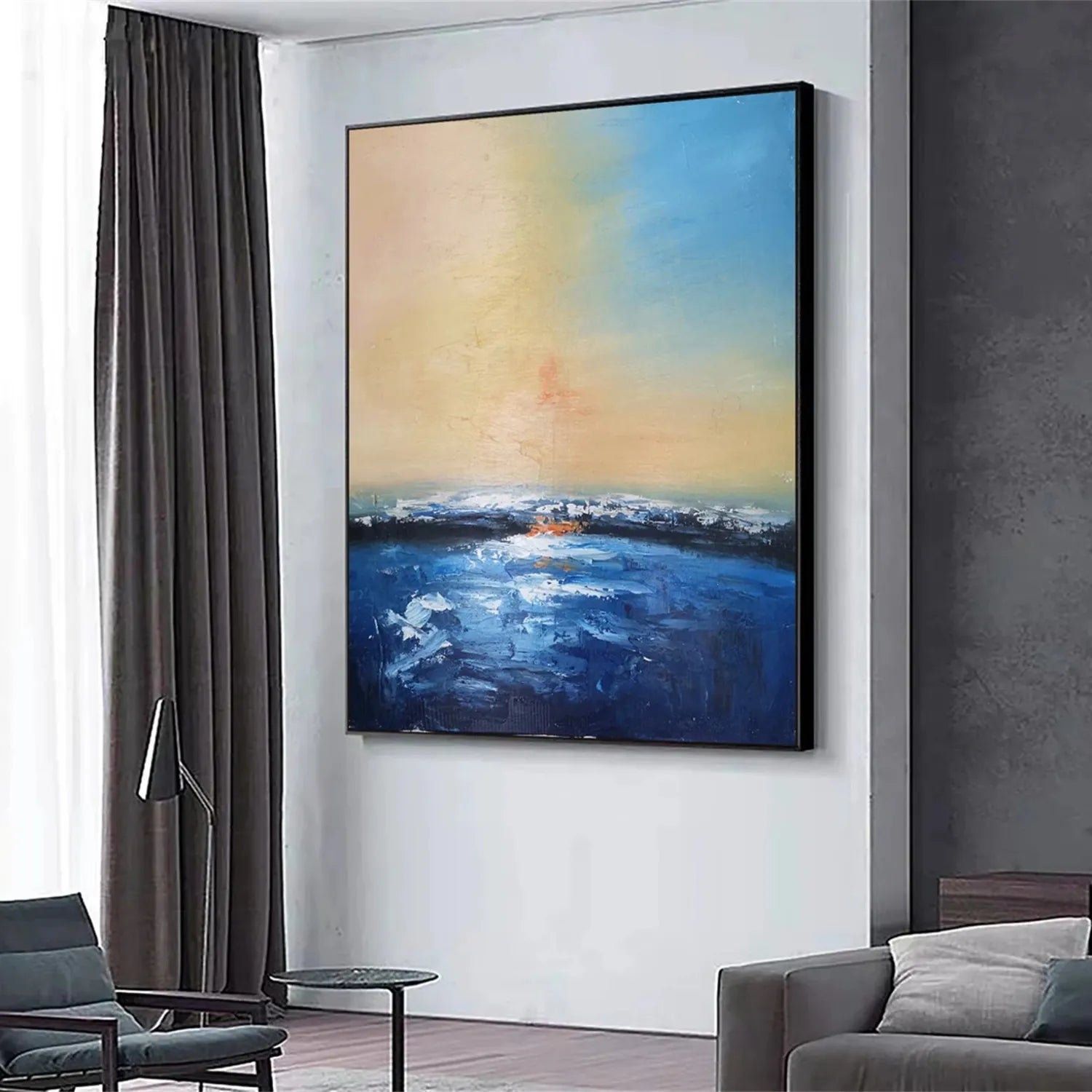 Soft Blue Beige Pink Abstract Seascape Art - Modern Serene Decor # JJ 126
