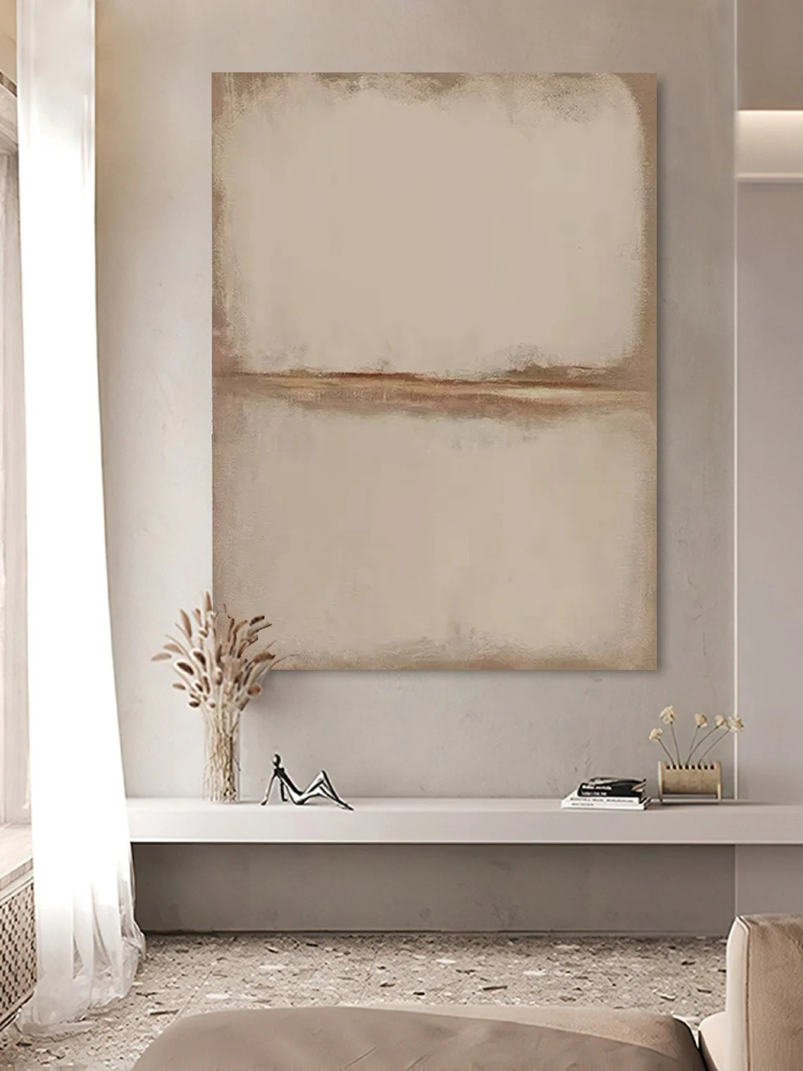 Handmade Abstract Beige Oil Painting with Minimalist Design for Home Decor