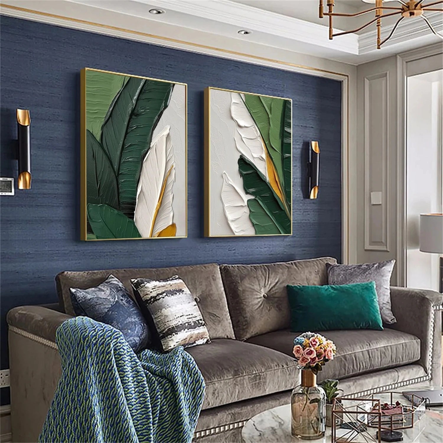 Stunning Hand - painted Oil Paintings: Leaf - inspired Duo for Modern Living Spaces #JJ 331