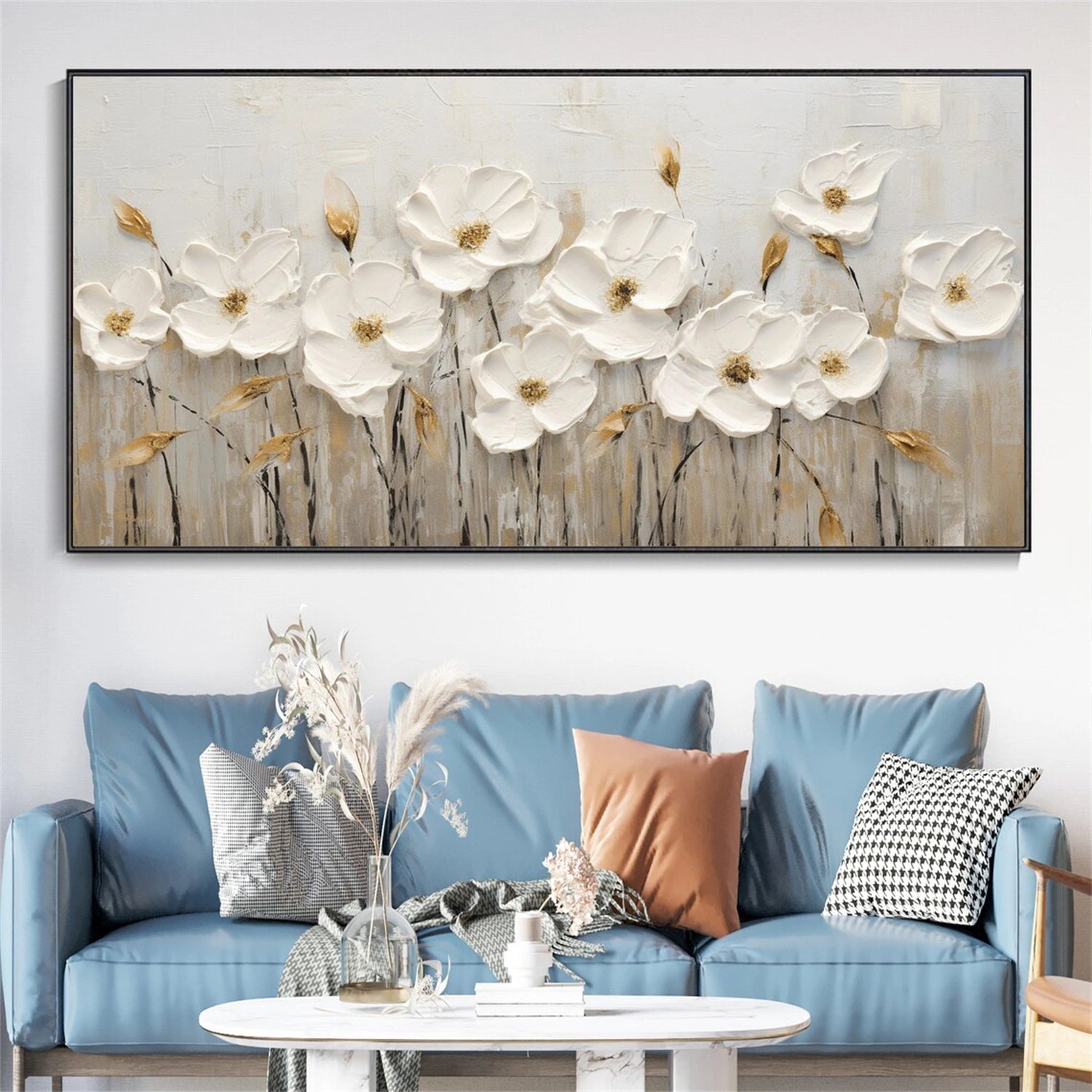 Large Impasto White Flowers Painting | Modern Wall Art - Savy Canvas