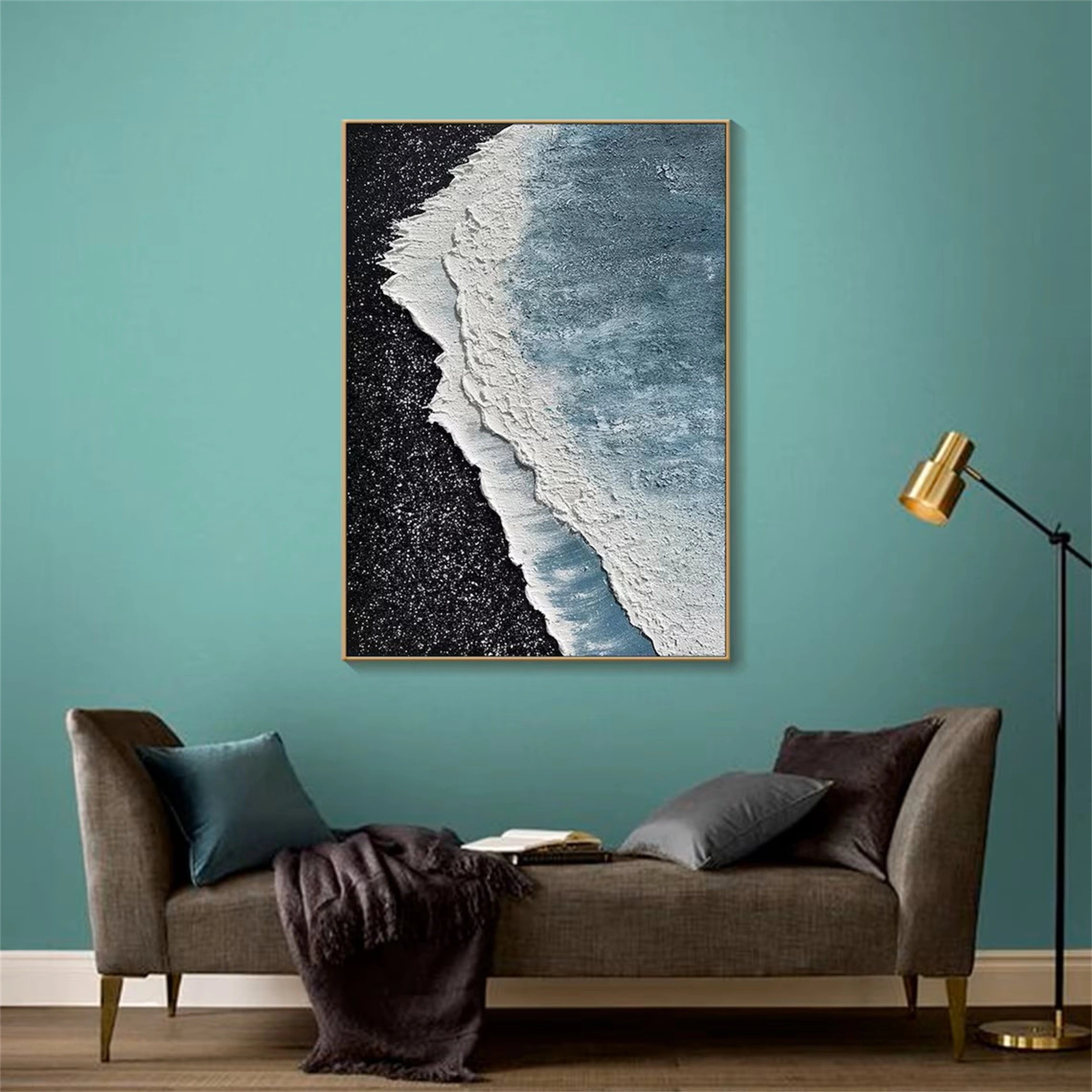 Textured Ocean Wave Wall Art | Black Sand Beach Canvas Painting #ZZ 068