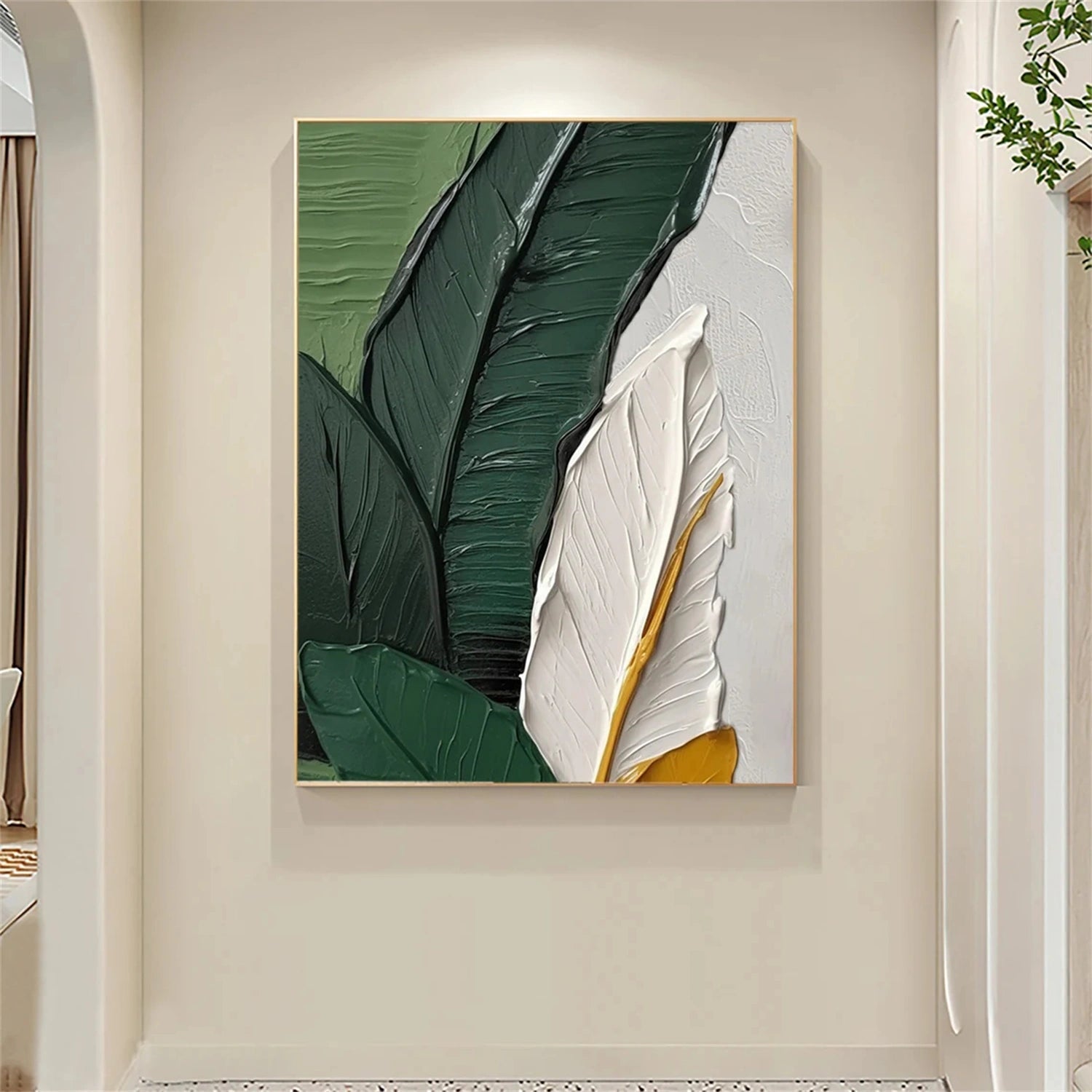 Stunning Hand - painted Oil Paintings: Leaf - inspired Duo for Modern Living Spaces #JJ 331