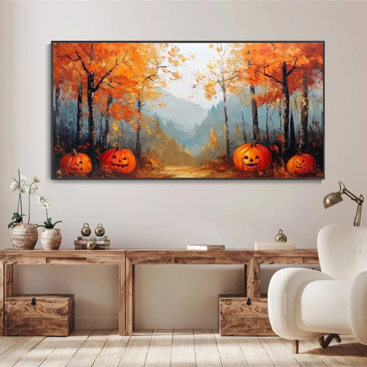 Contemporary Halloween Artwork | Modern Forest & Pumpkin Art #JJ 320