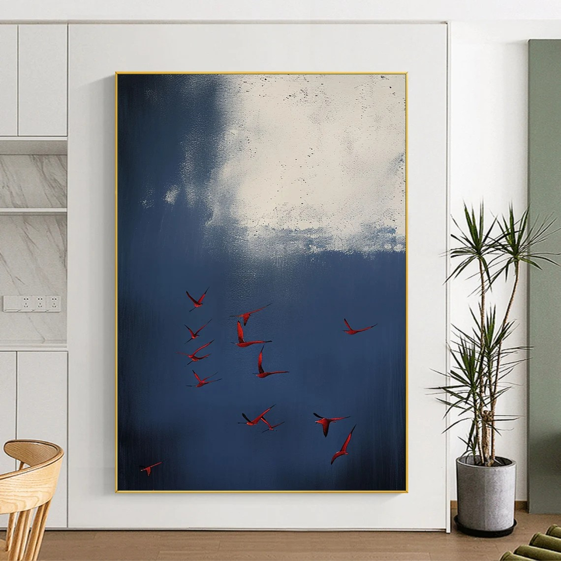Minimalist Style Birds Oil Painting | Blue, White, Gray Tone Sky Original Art