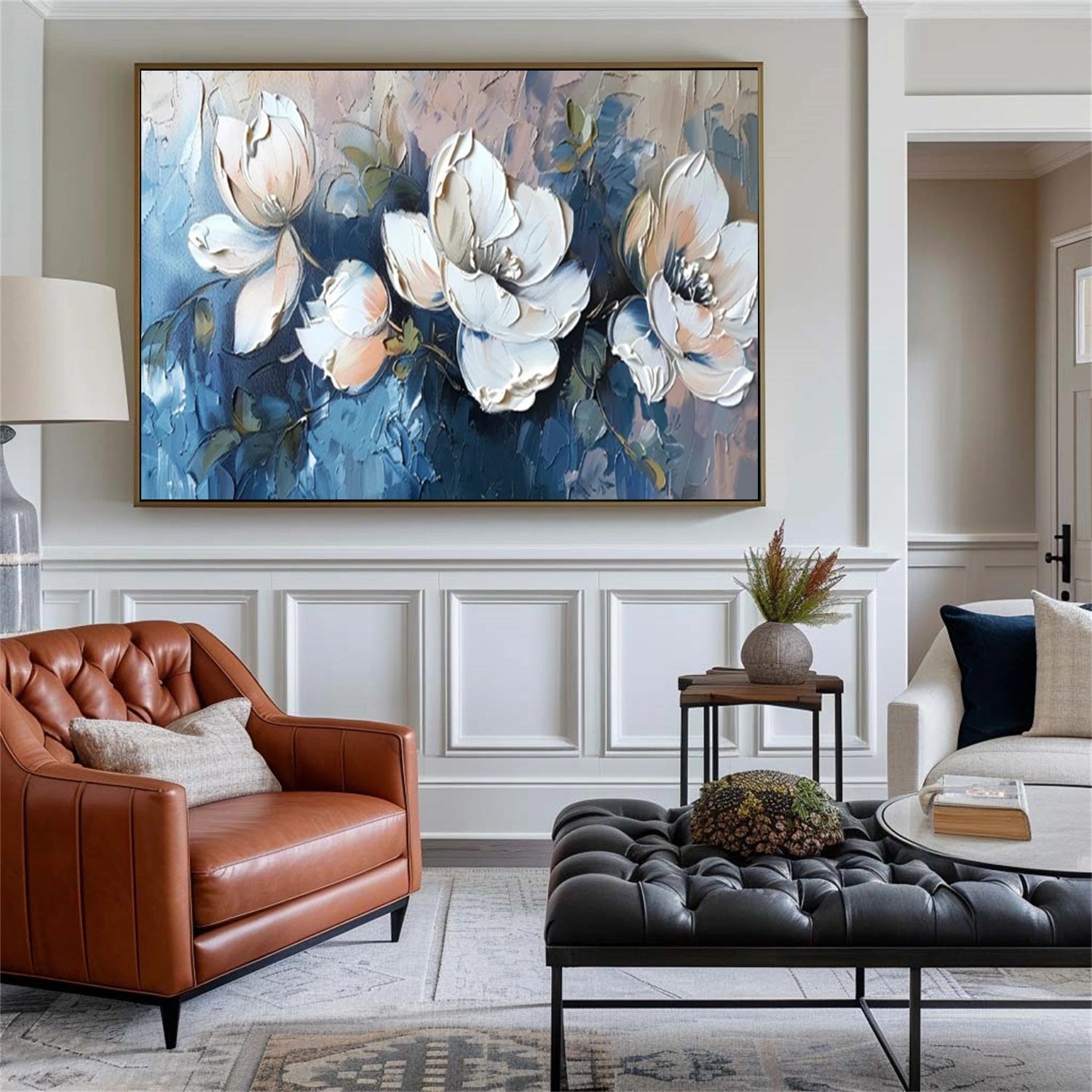 Abstract Serene Floral Wall Art | Blue & White Hand-Painted #JJ 303