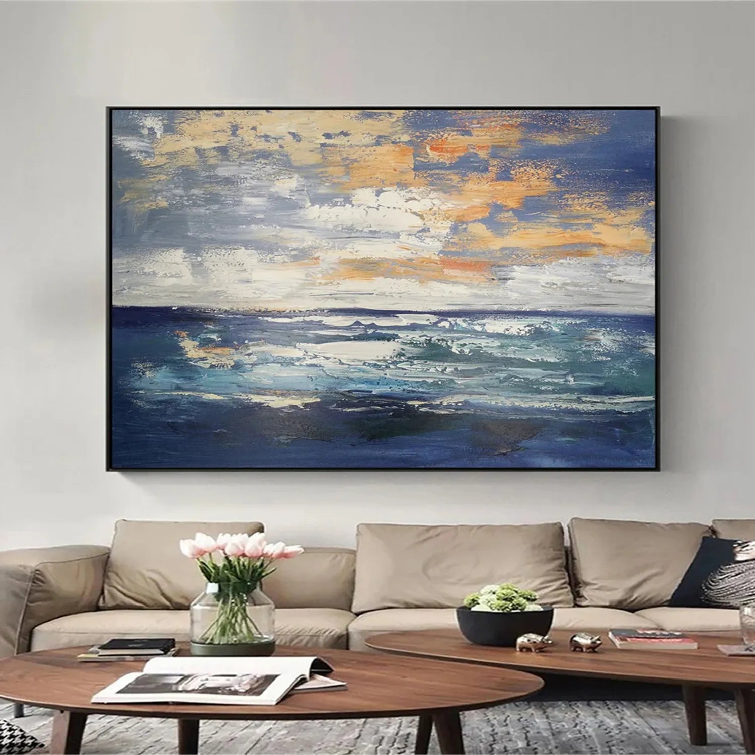 Golden Horizon Canvas – Abstract Ocean Sunset Painting