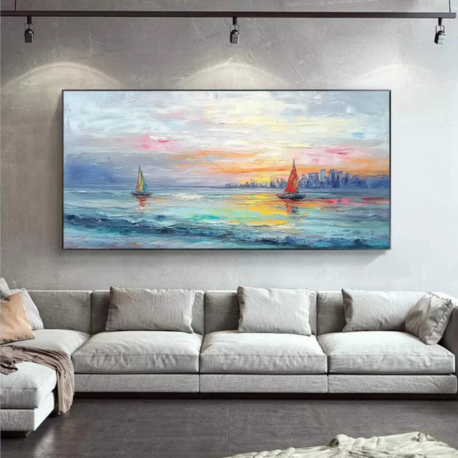 Wide Sunset Seascape Sailboats City Abstract Art - Modern Romantic Decor Painting
