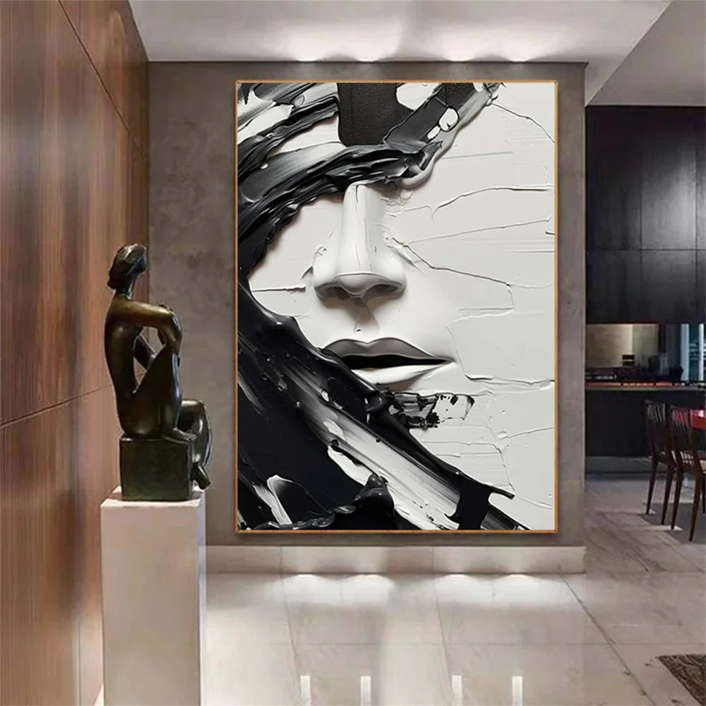 Vertical Black and White Abstract Face Oil Painting - 3D Textured Art
