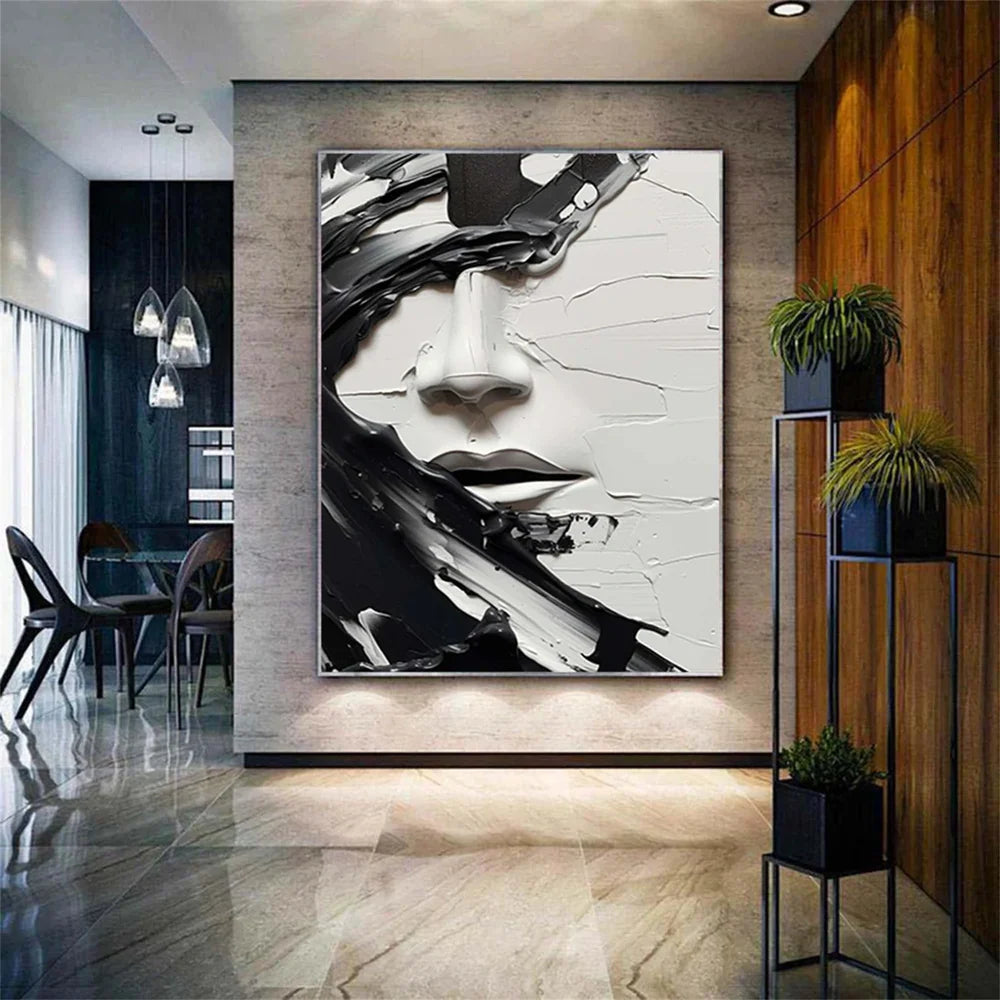 Textured Black and White Abstract Face Oil Painting - 3D Modern Art #JJ 050