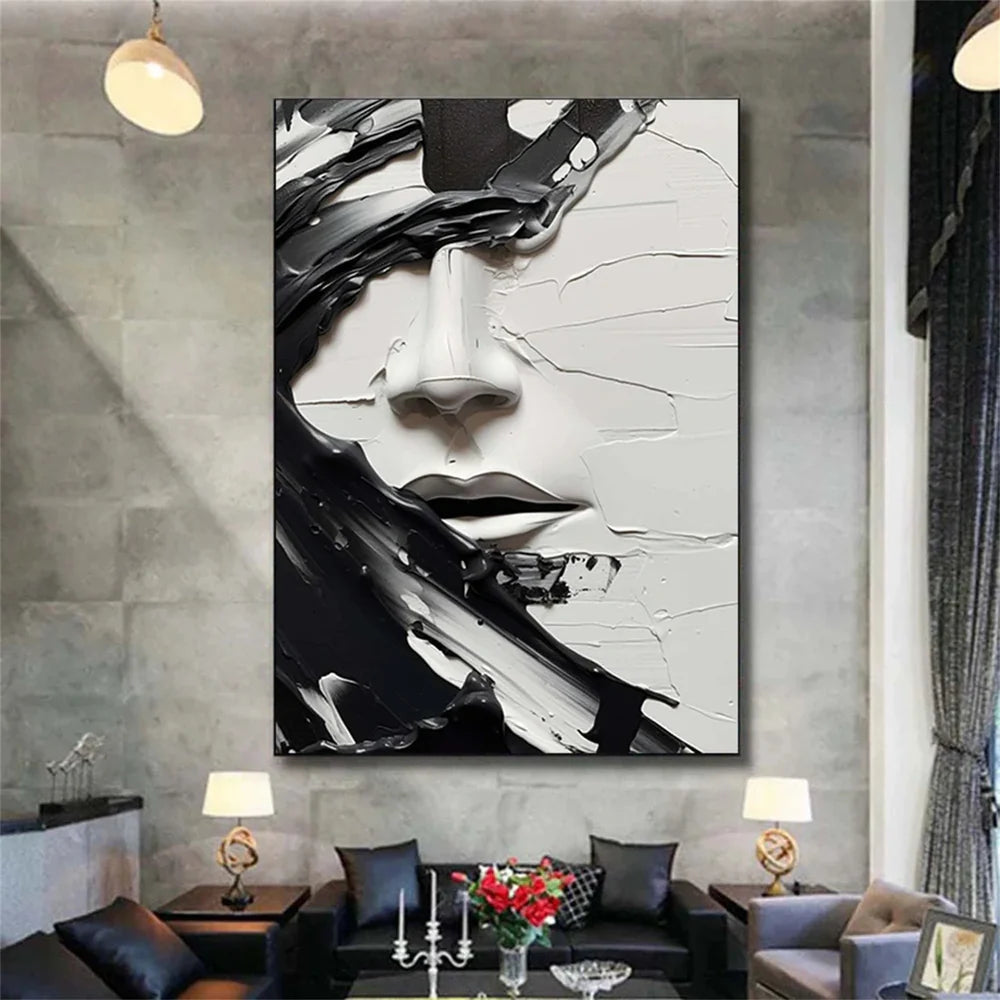Textured Black and White Abstract Face Oil Painting - 3D Modern Art  #JJ 050