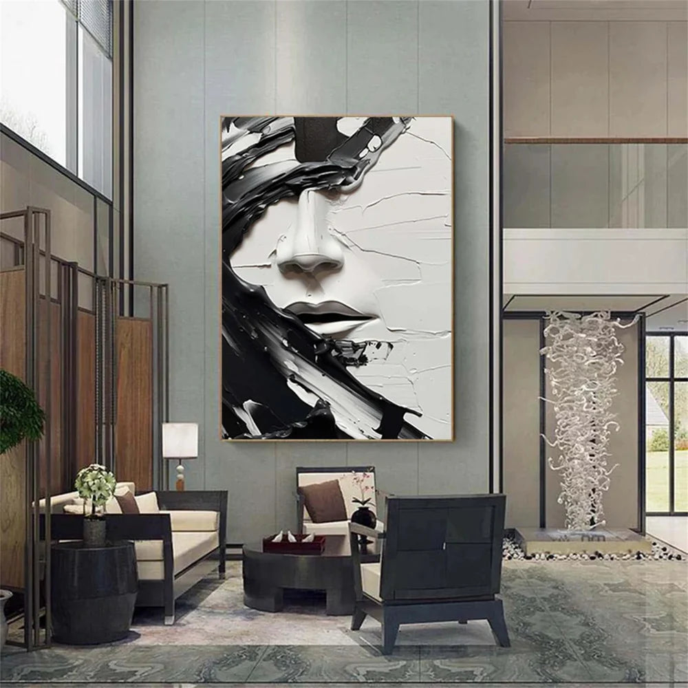 Textured Black and White Abstract Face Oil Painting - 3D Modern Art #JJ 050