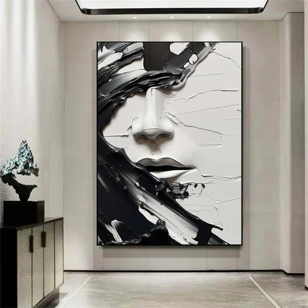 Textured Black and White Abstract Face Oil Painting - 3D Modern Art #JJ 050