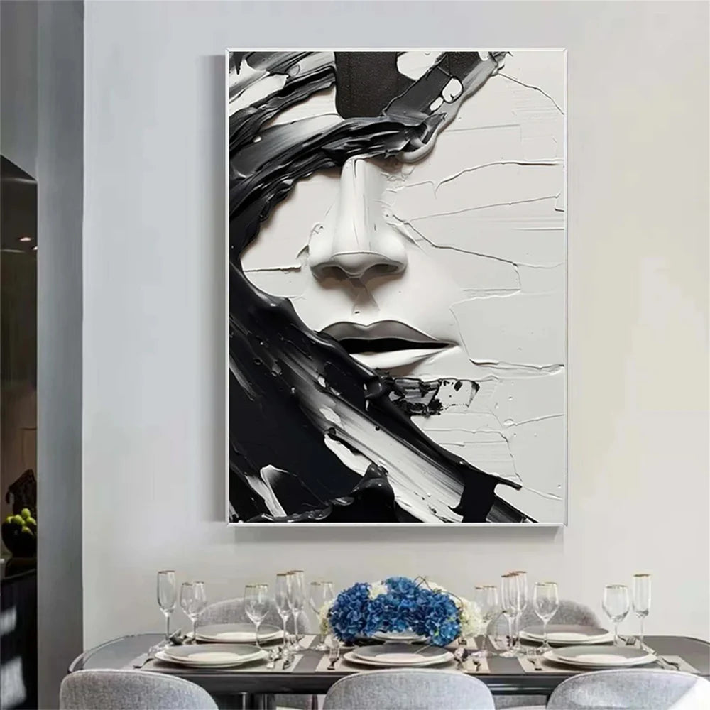 Textured Black and White Abstract Face Oil Painting - 3D Modern Art #JJ 050
