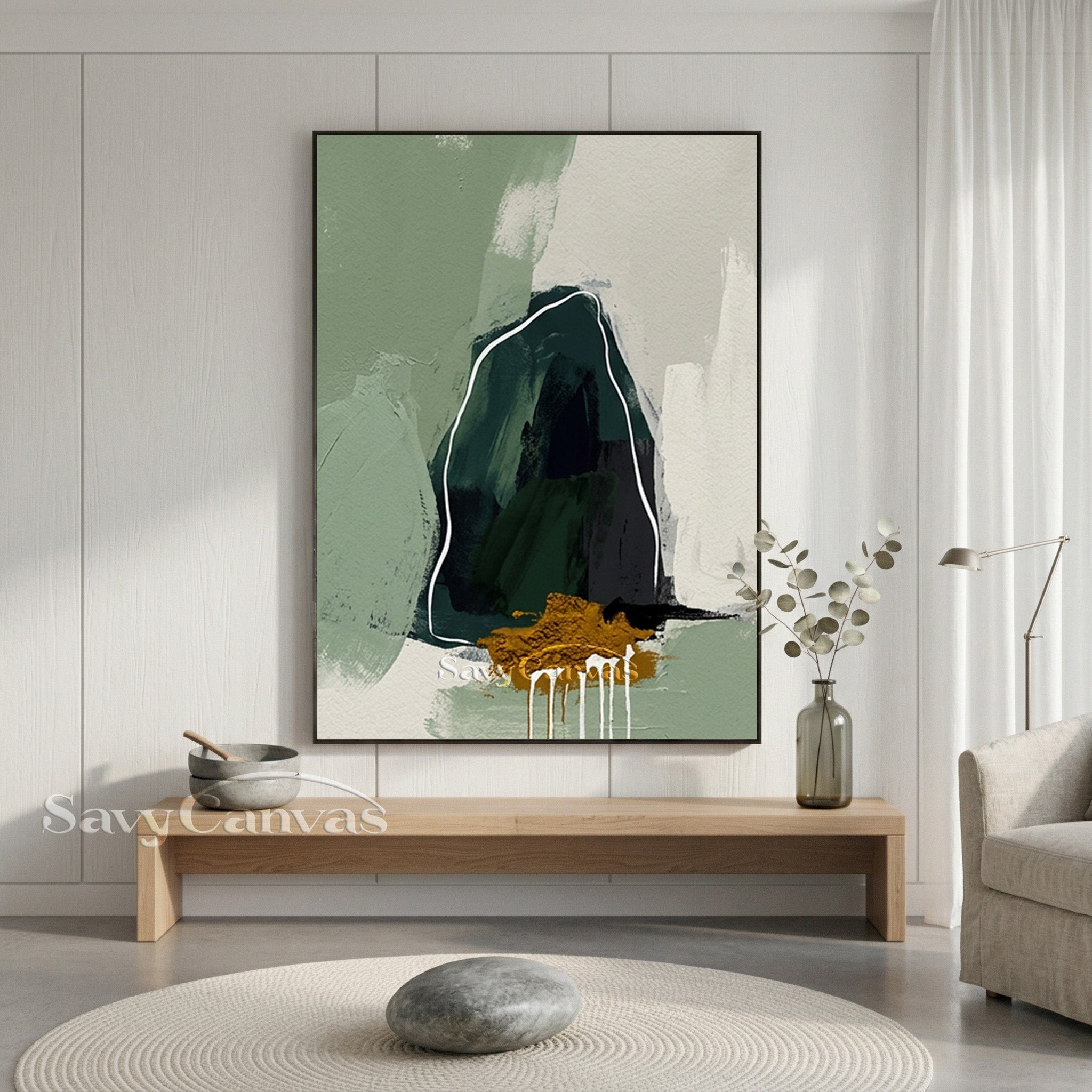 Modern Sage Green Abstract Mountain Oil Painting Wall Art #SS 139