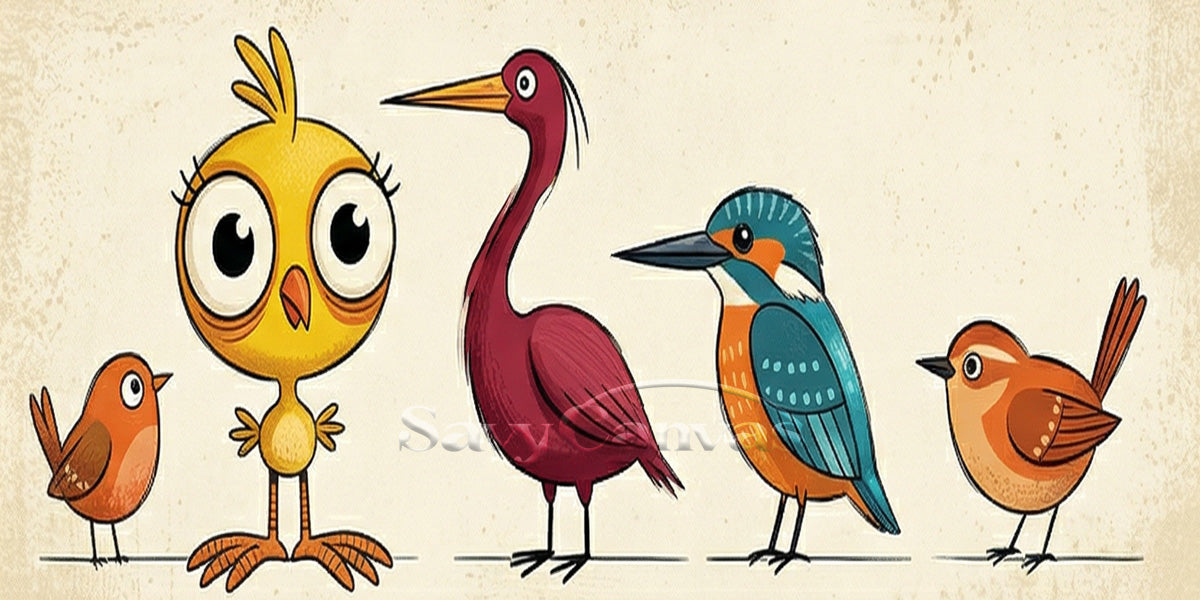 Quirky Big-Eyed Bird Family Canvas Art | Whimsical Nursery Decor