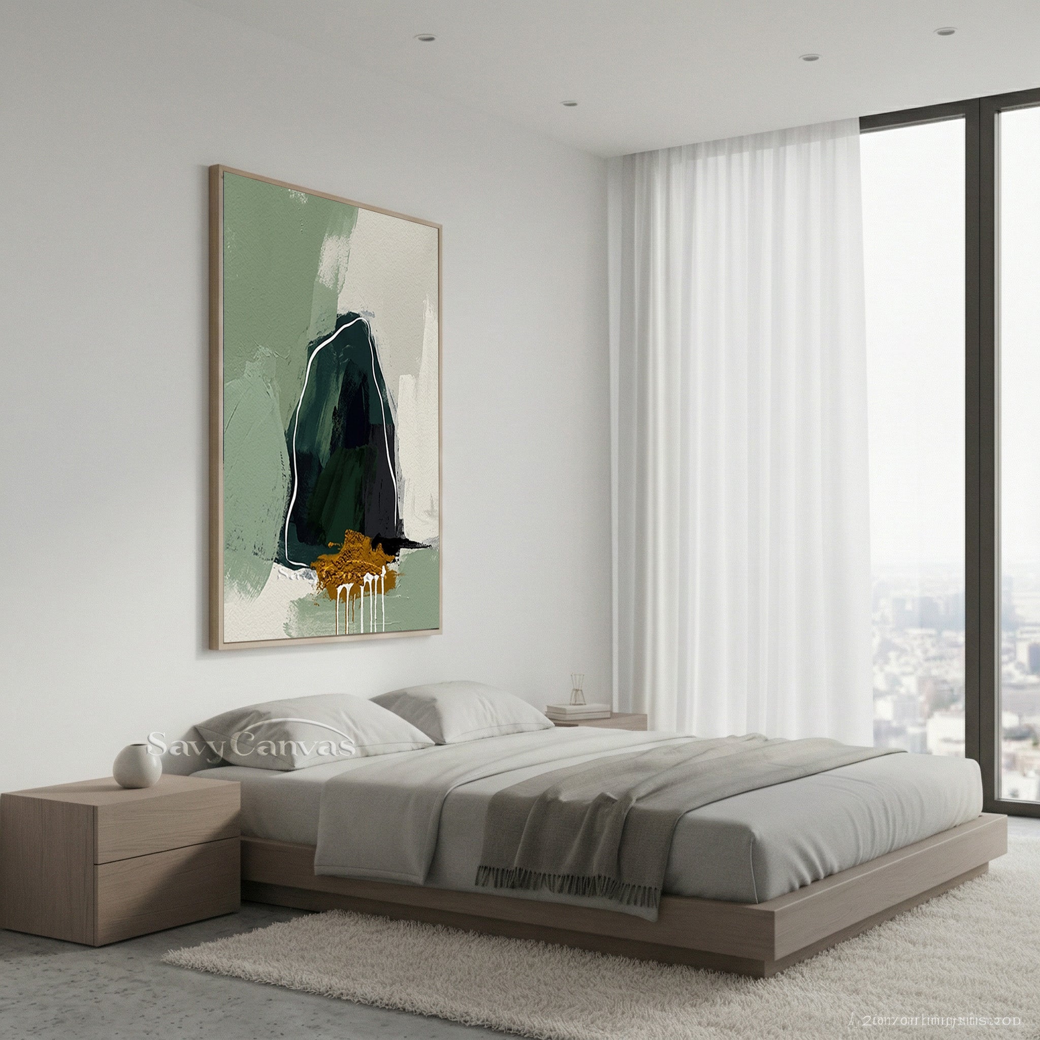 Modern Sage Green Abstract Mountain Oil Painting Wall Art #SS 139