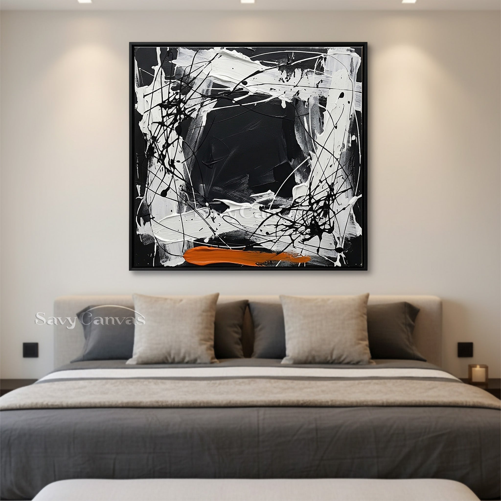 Abstract expressionist oil painting with bold black geometric lines and vibrant orange paint splatters.