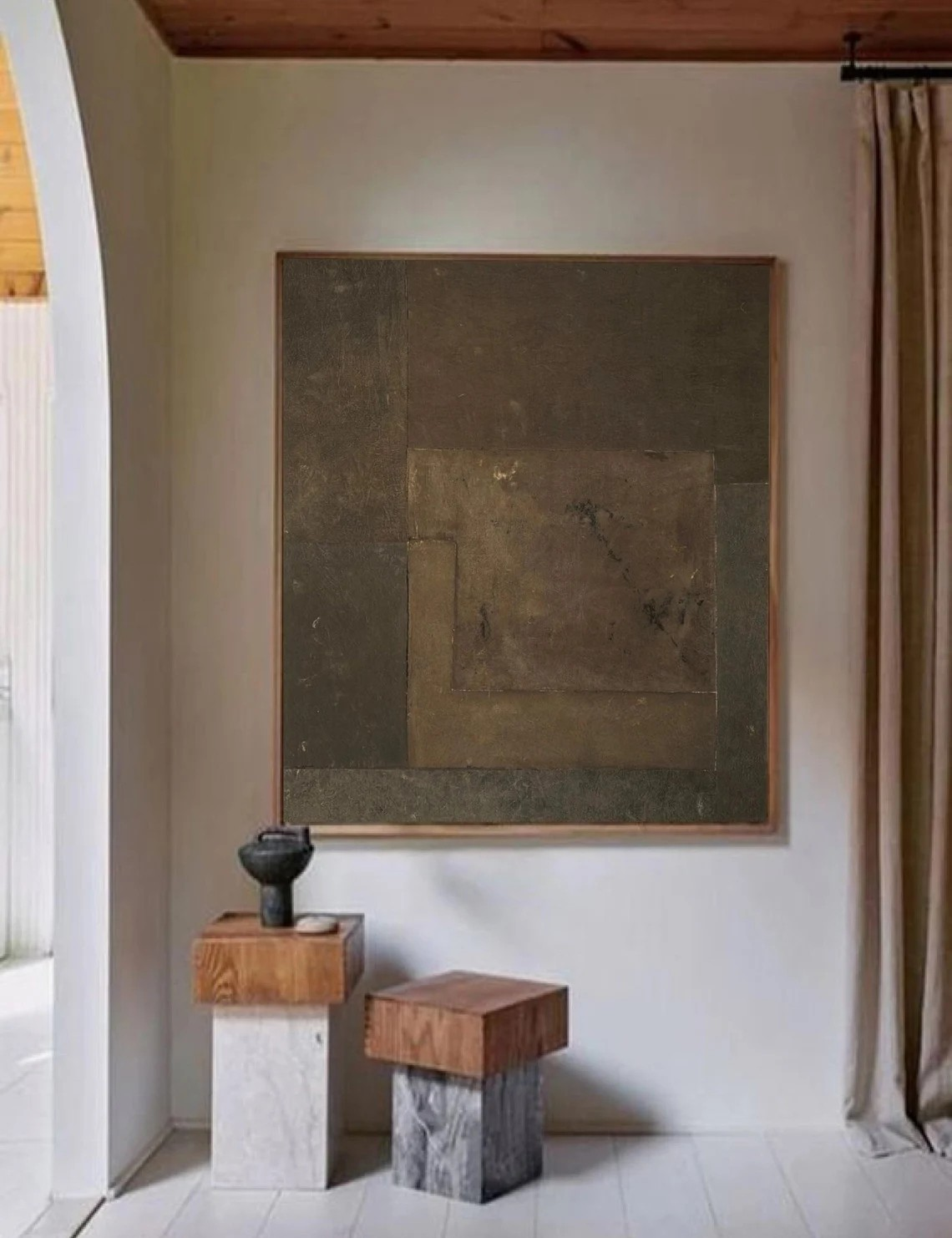 Handmade Brown Abstract Oil Painting with Geometric Layers Decor