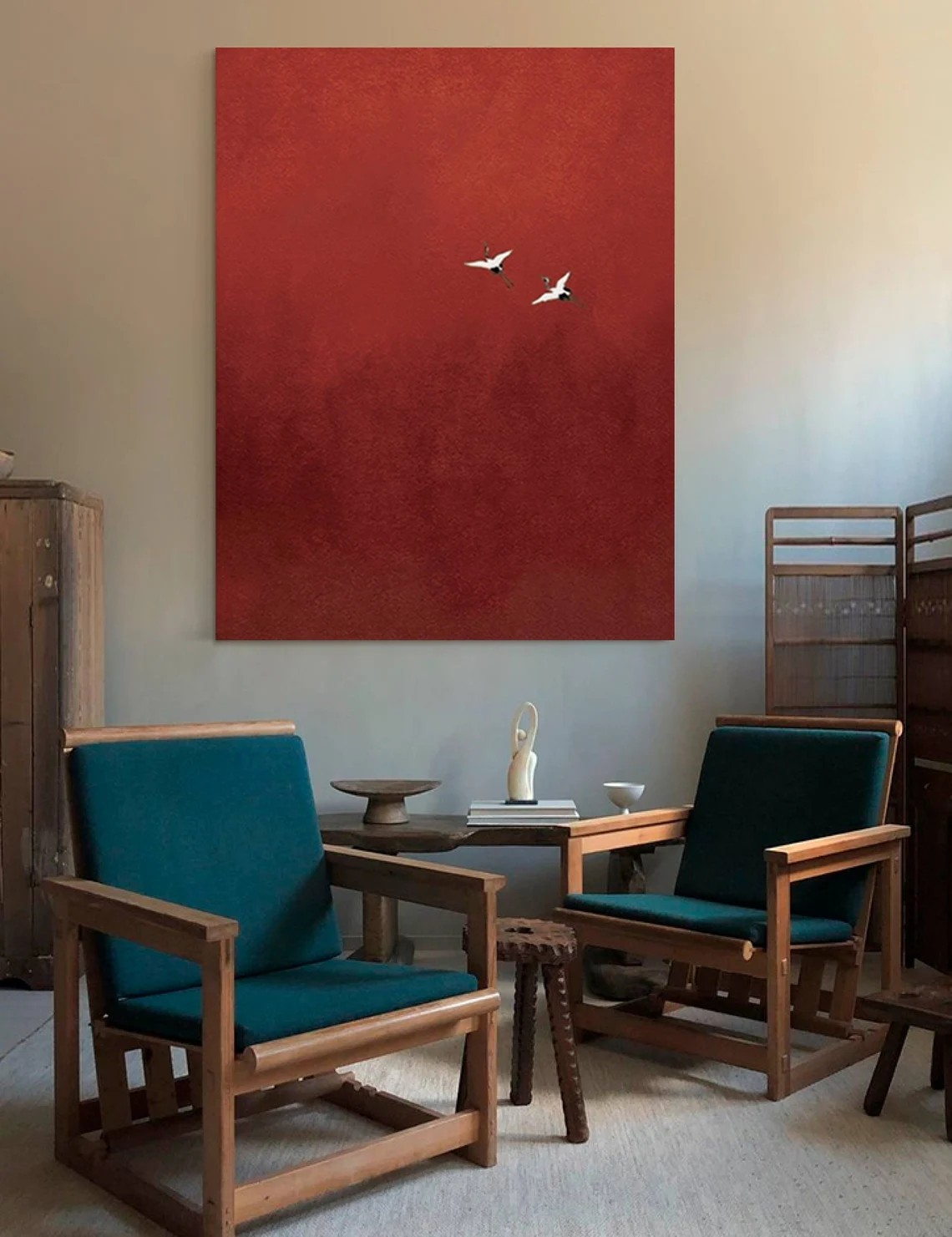 Minimalist Red Abstract Oil Painting with Flying Birds Wall Art #TC 026